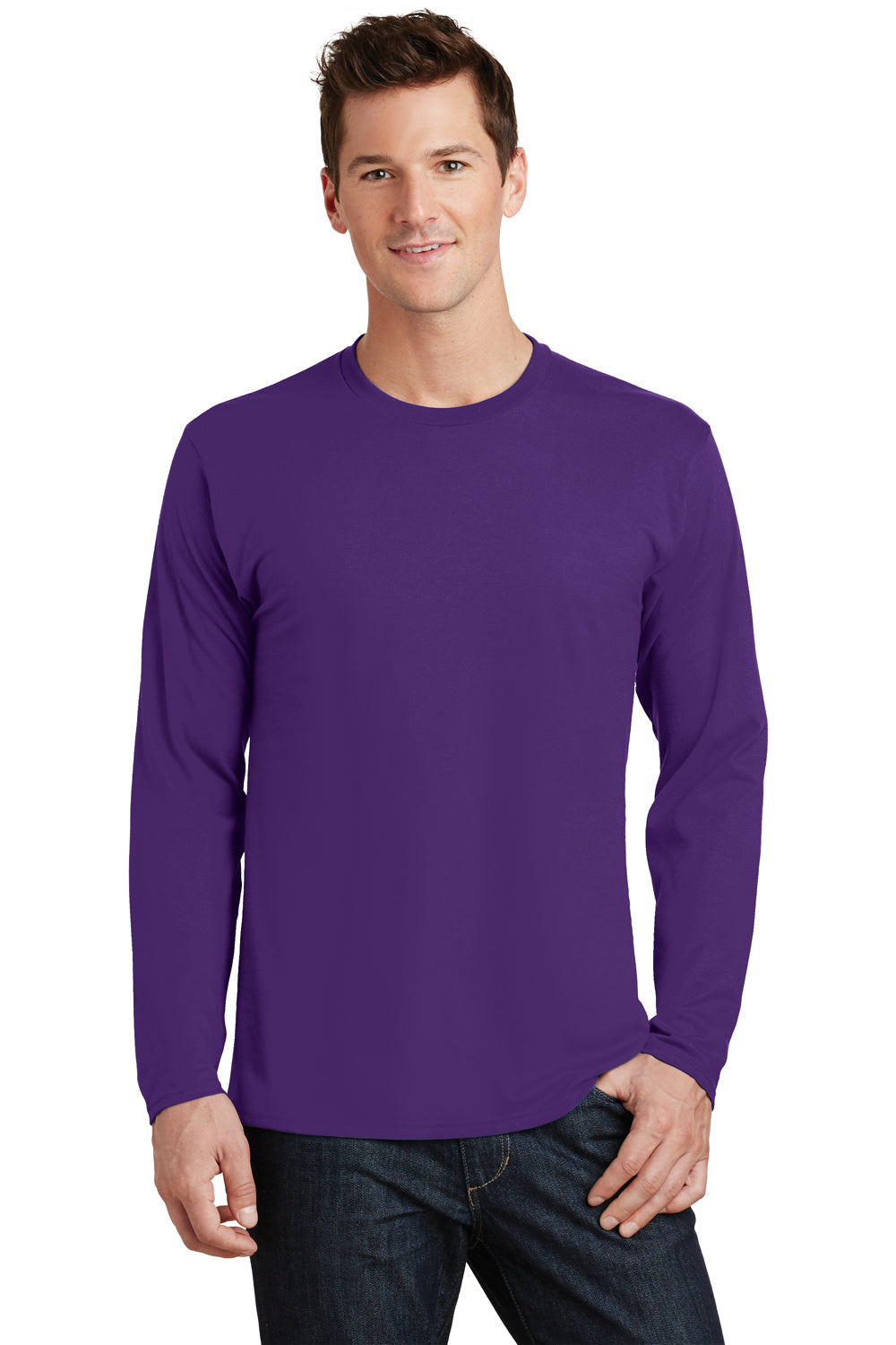 Port & Company PC450LS Mens Fan Favorite Long Sleeve Crewneck T-Shirt Team Purple Model Front