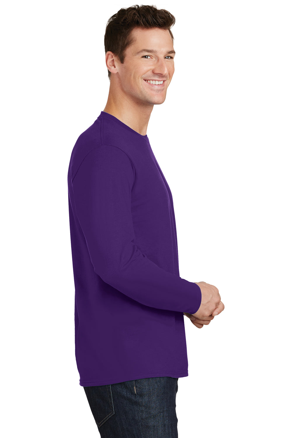 Port & Company PC450LS Mens Fan Favorite Long Sleeve Crewneck T-Shirt Team Purple Model Side