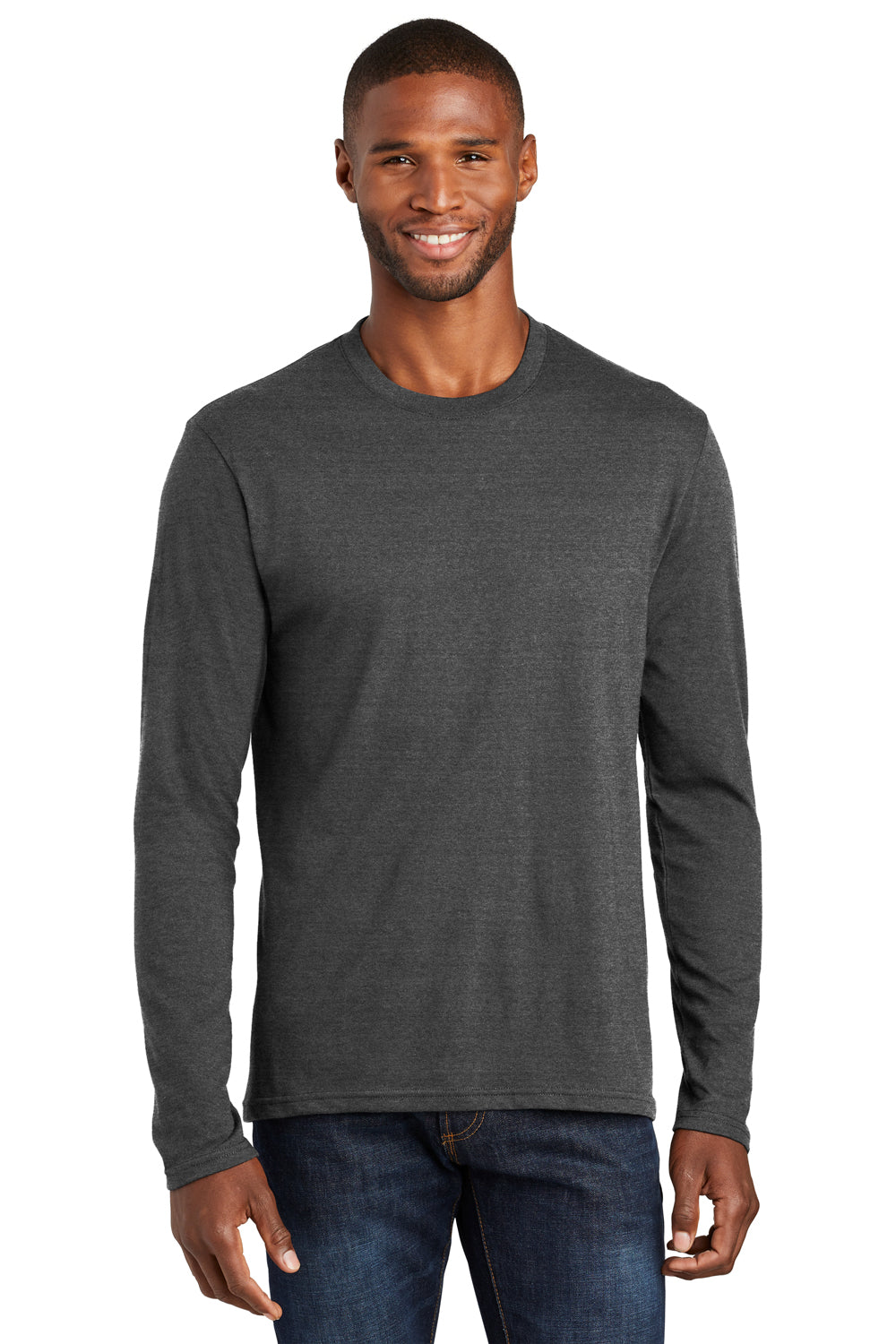 Port & Company PC455LS Mens Fan Favorite Long Sleeve Crewneck T-Shirt Heather Black Model Front