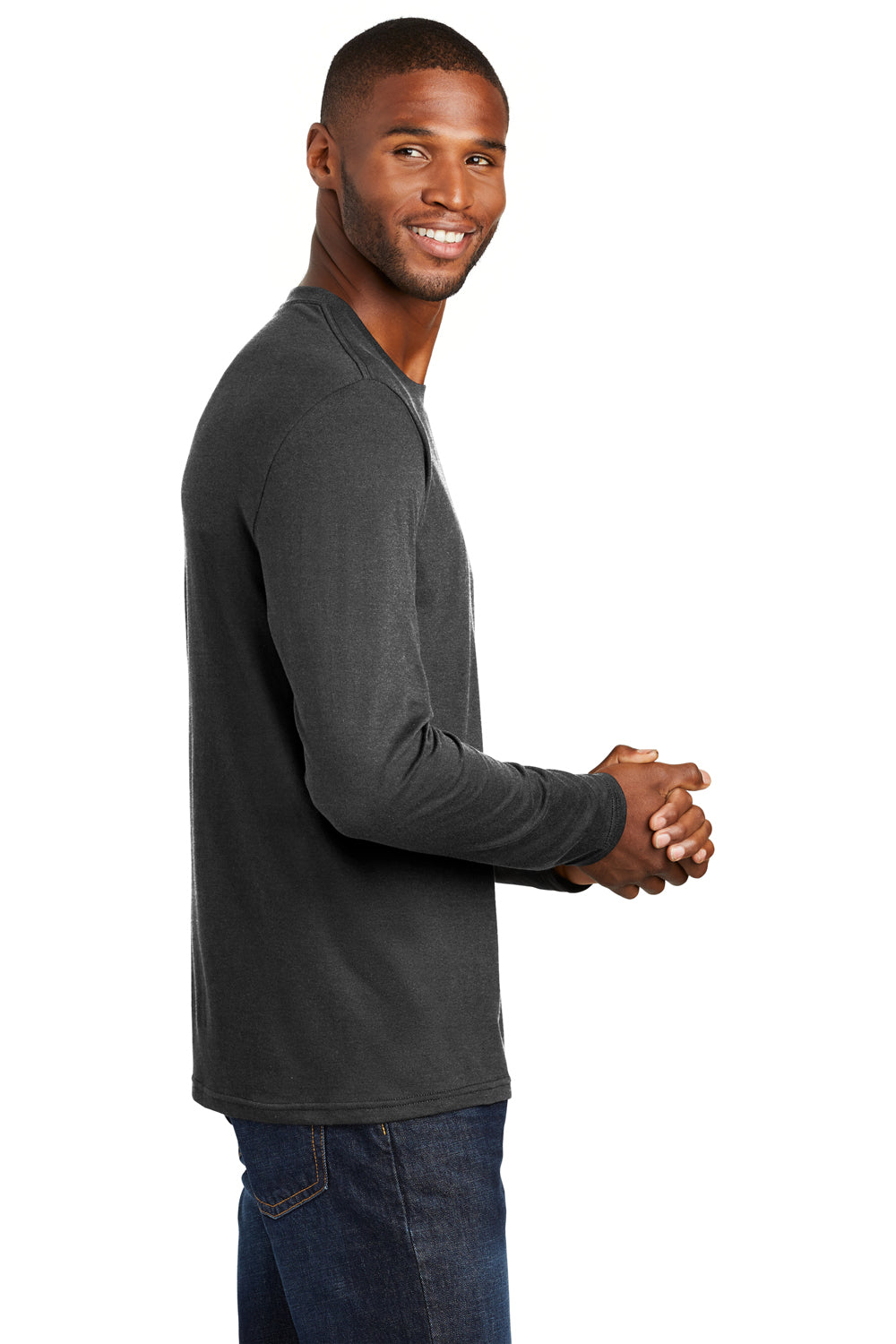 Port & Company PC455LS Mens Fan Favorite Long Sleeve Crewneck T-Shirt Heather Black Model Side