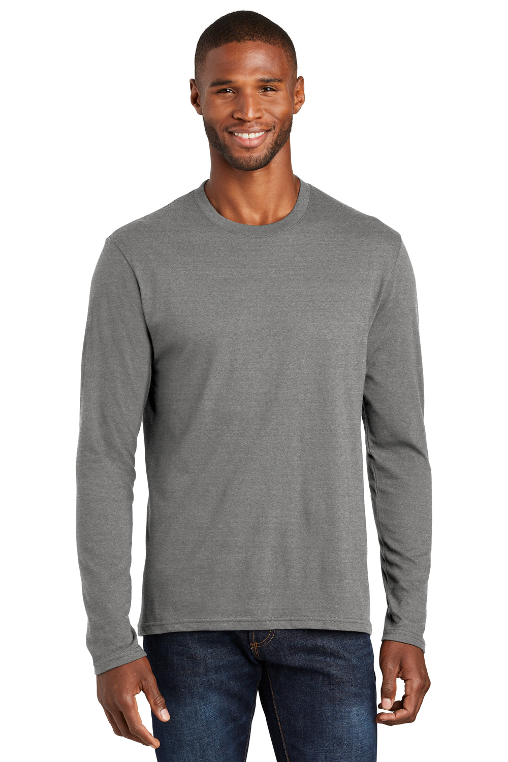 Port & Company PC455LS Mens Fan Favorite Long Sleeve Crewneck T-Shirt Heather Graphite Grey Model Front