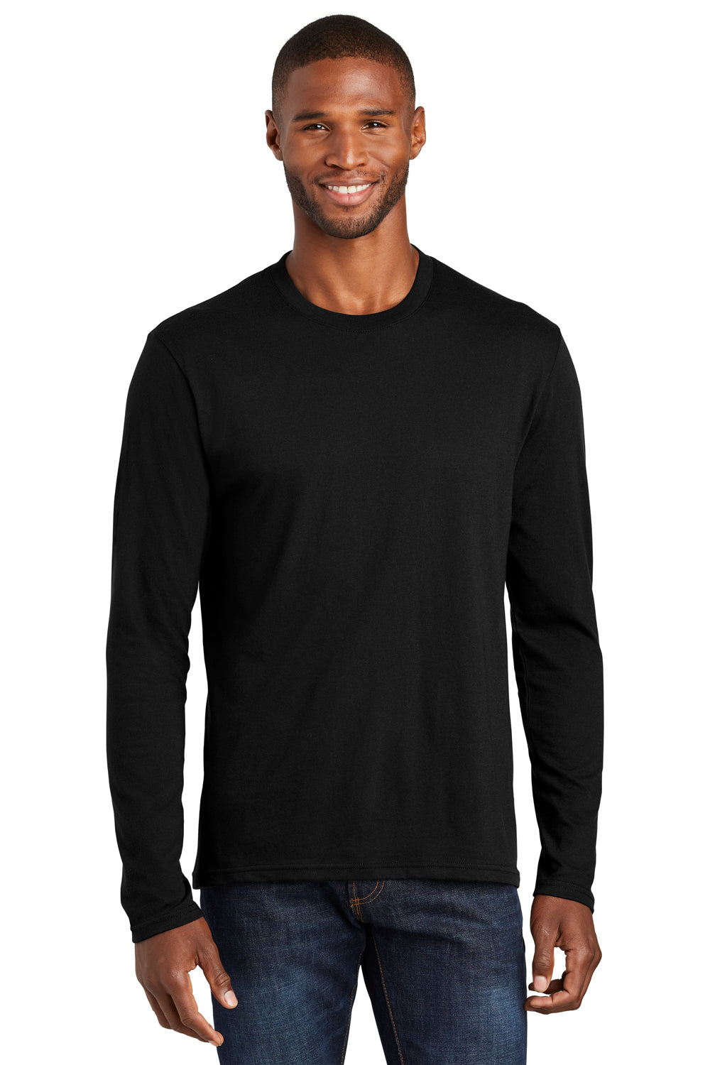 Port & Company PC455LS Mens Fan Favorite Long Sleeve Crewneck T-Shirt Jet Black Model Front