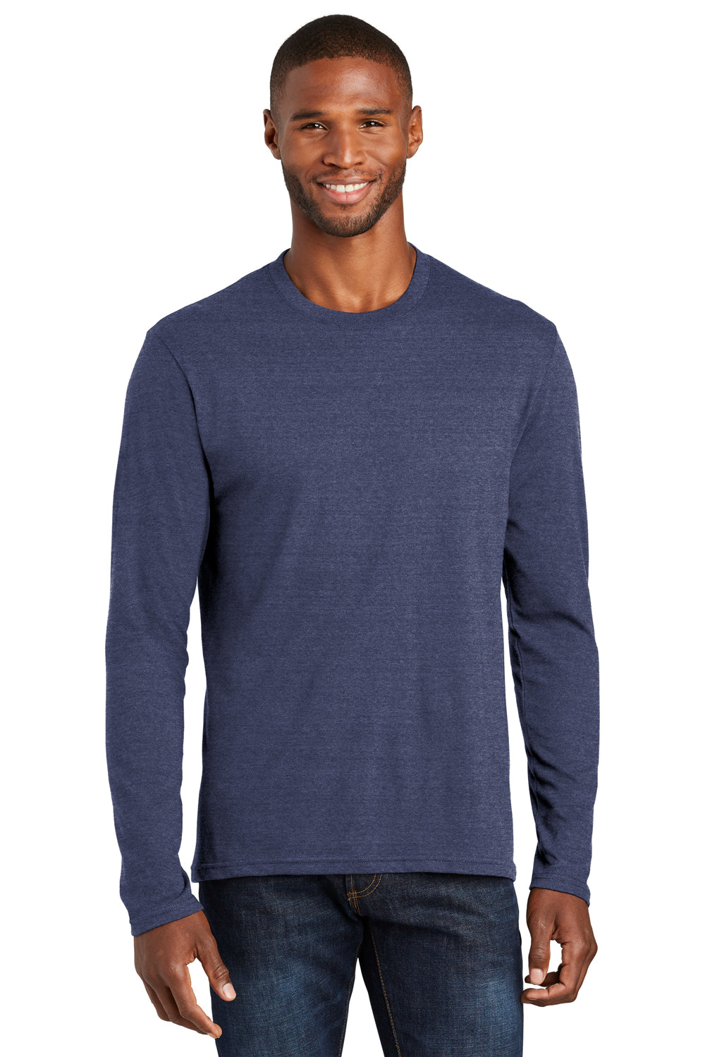 Port & Company PC455LS Mens Fan Favorite Long Sleeve Crewneck T-Shirt Heather Team Navy Blue Model Front