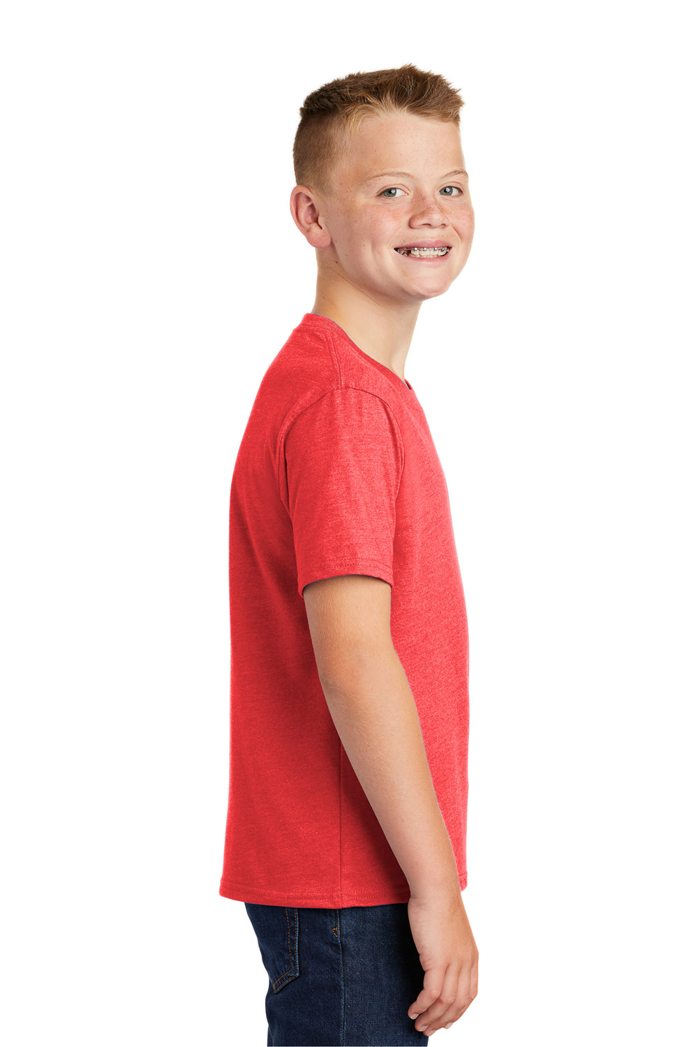 Port & Company PC455Y Youth Fan Favorite Short Sleeve Crewneck T-Shirt Heather Bright Red Model Side