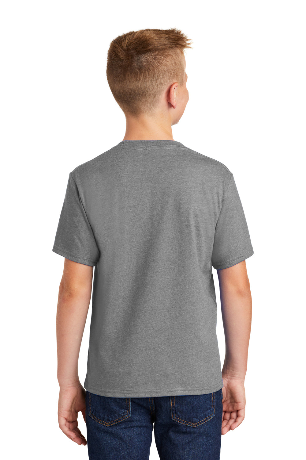 Port & Company PC455Y Youth Fan Favorite Short Sleeve Crewneck T-Shirt Heather Graphite Grey Model Back