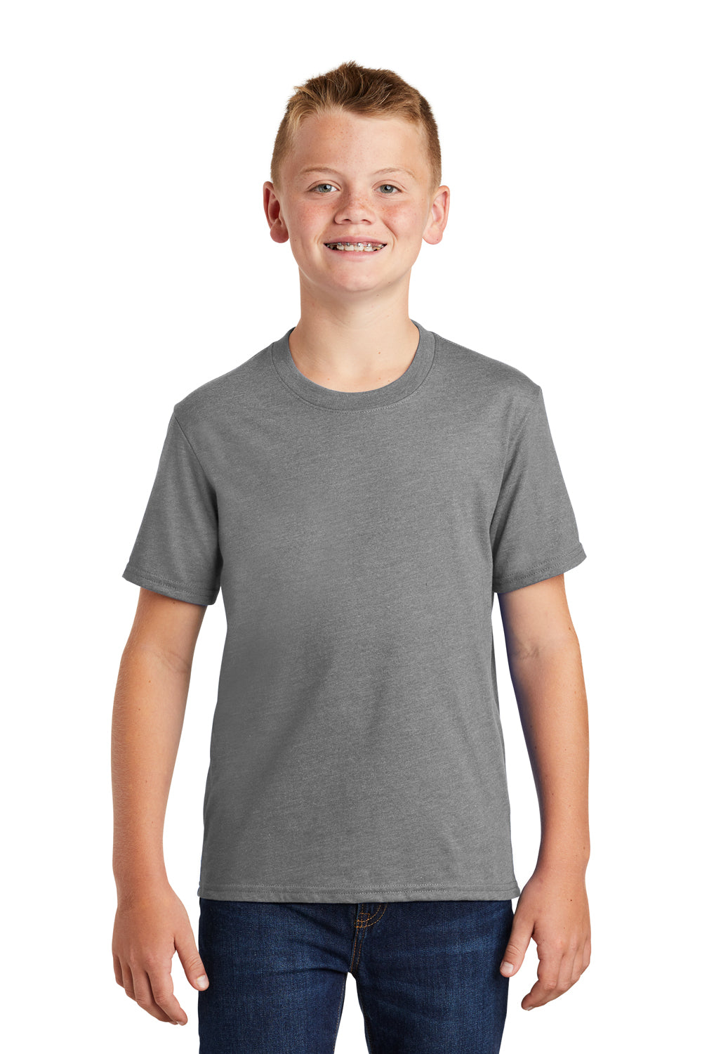 Port & Company PC455Y Youth Fan Favorite Short Sleeve Crewneck T-Shirt Heather Graphite Grey Model Front