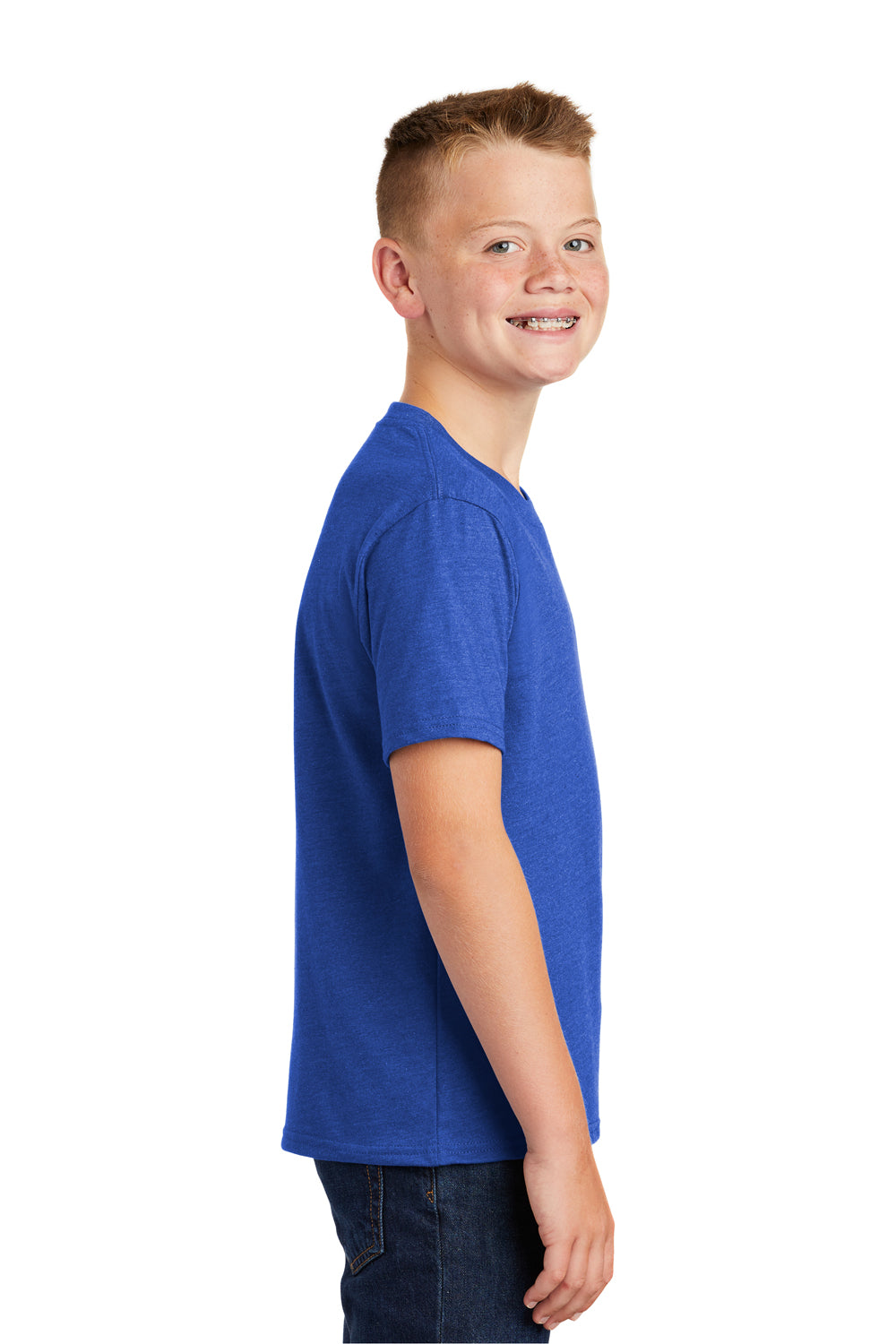 Port & Company PC455Y Youth Fan Favorite Short Sleeve Crewneck T-Shirt Heather True Royal Blue Model Side