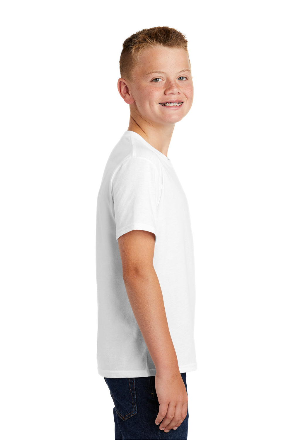 Port & Company PC455Y Youth Fan Favorite Short Sleeve Crewneck T-Shirt White Model Side