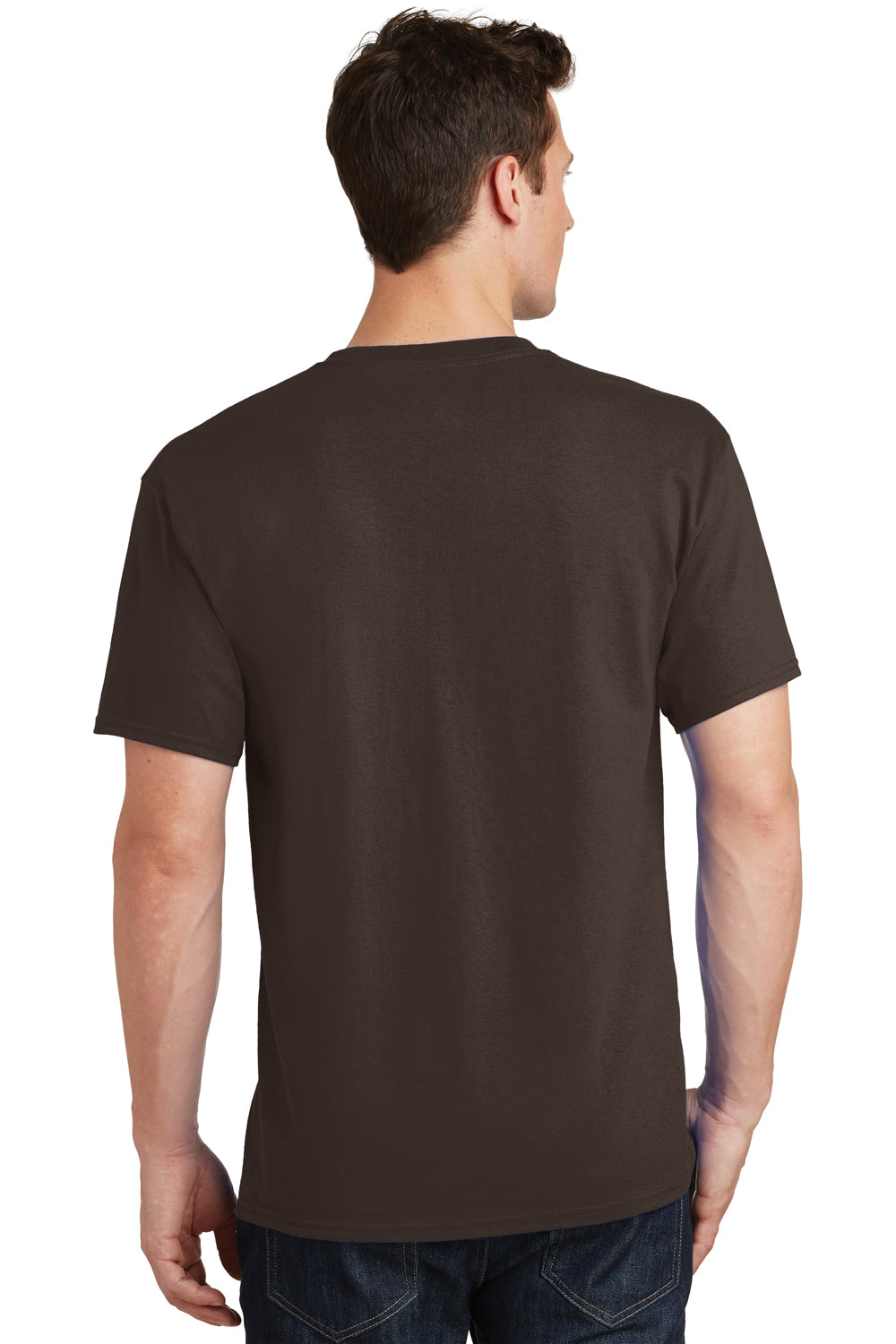 Port & Company PC54/PC54T Mens Core Short Sleeve Crewneck T-Shirt Dark Chocolate Brown Model Back