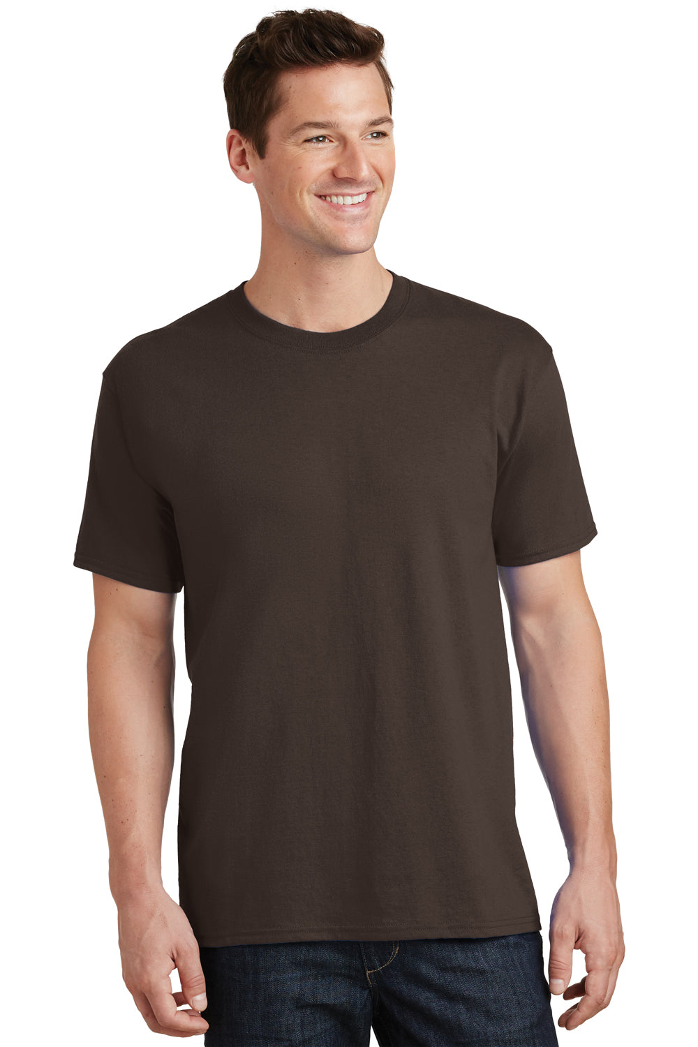 Port & Company PC54/PC54T Mens Core Short Sleeve Crewneck T-Shirt Dark Chocolate Brown Model Front