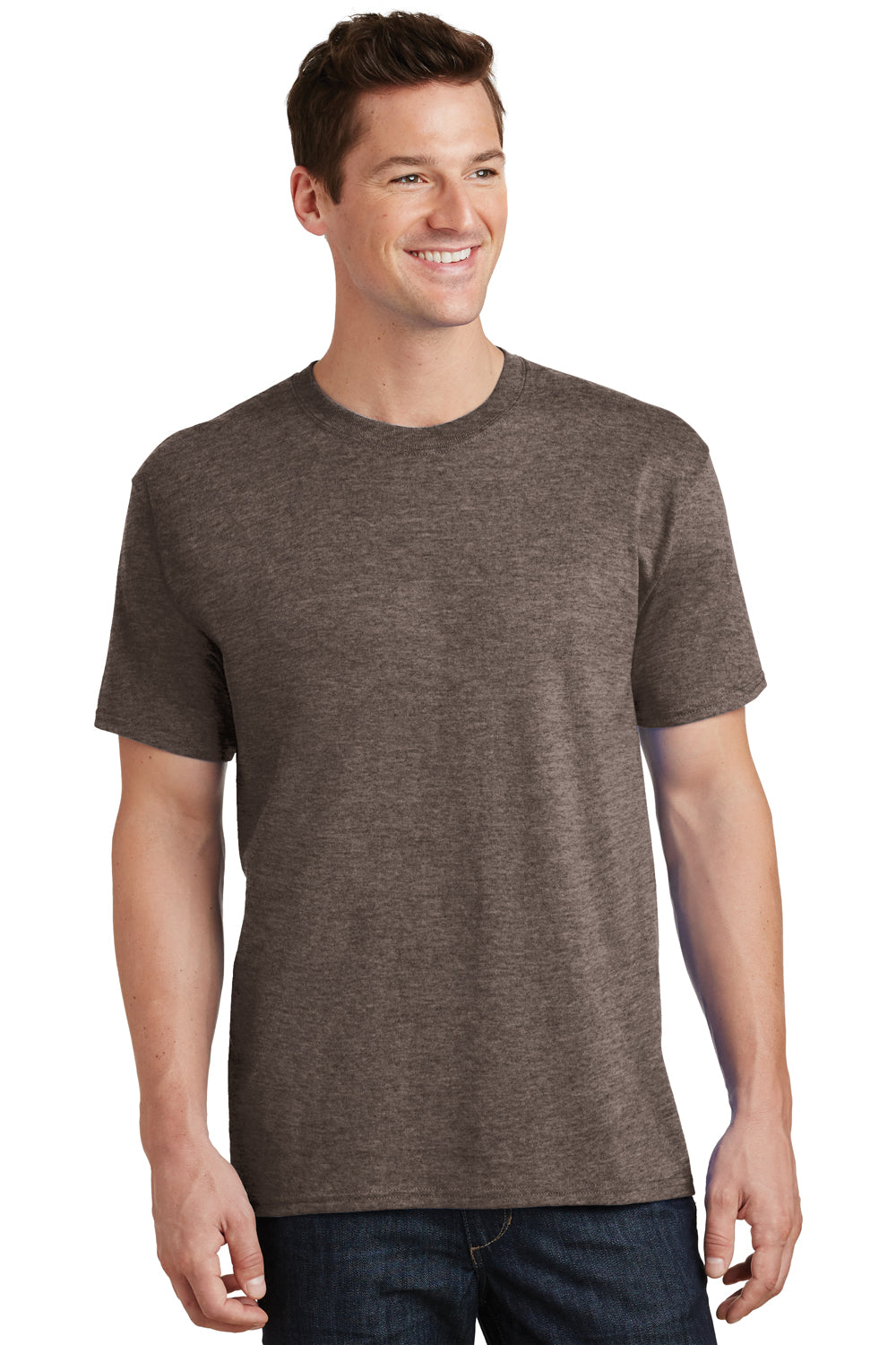 Port & Company PC54/PC54T Mens Core Short Sleeve Crewneck T-Shirt Heather Dark Chocolate Brown Model Front