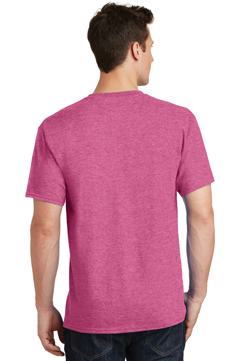 Port & Company PC54/PC54T Mens Core Short Sleeve Crewneck T-Shirt Heather Sangria Pink Model Back