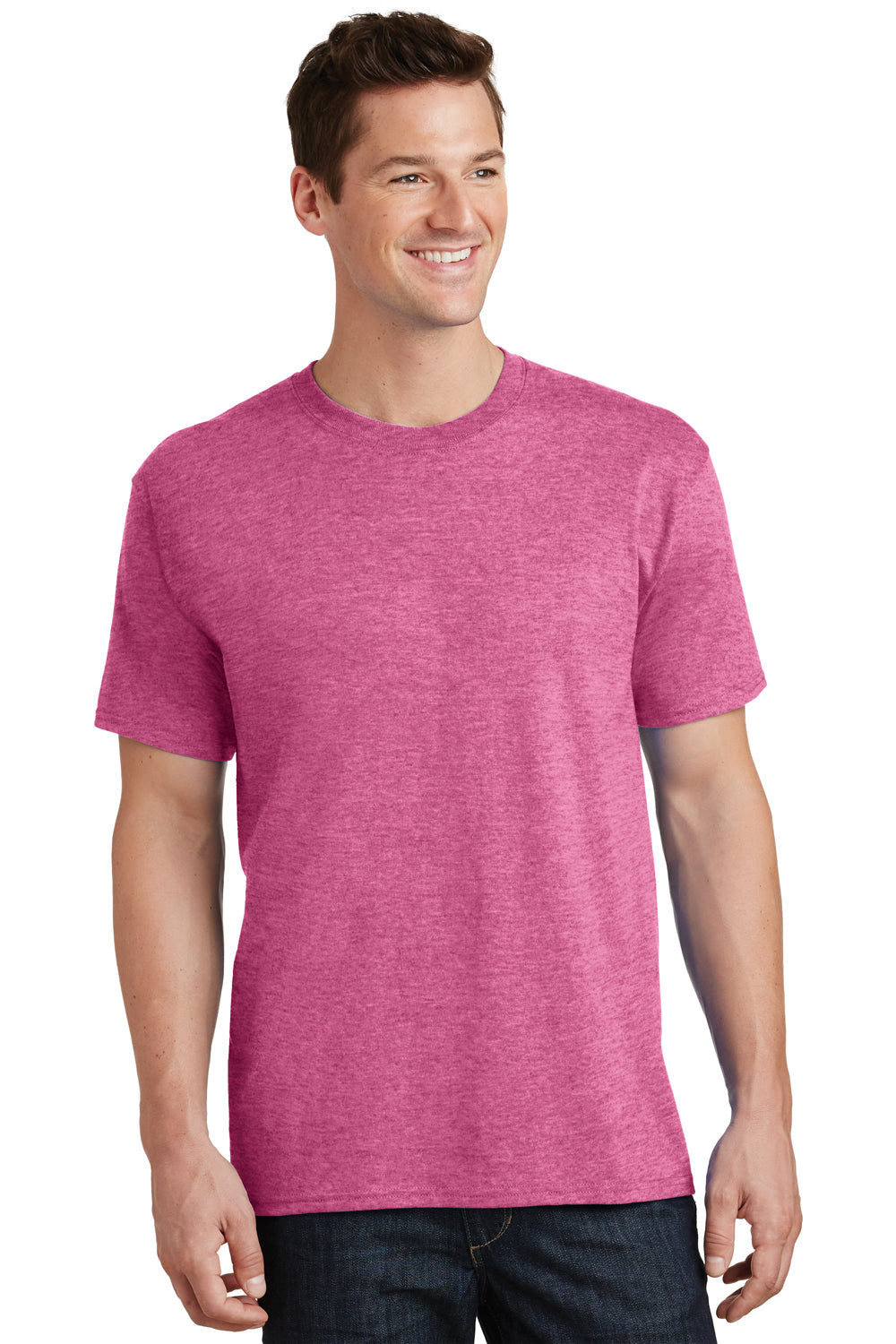 Port & Company PC54/PC54T Mens Core Short Sleeve Crewneck T-Shirt Heather Sangria Pink Model Front