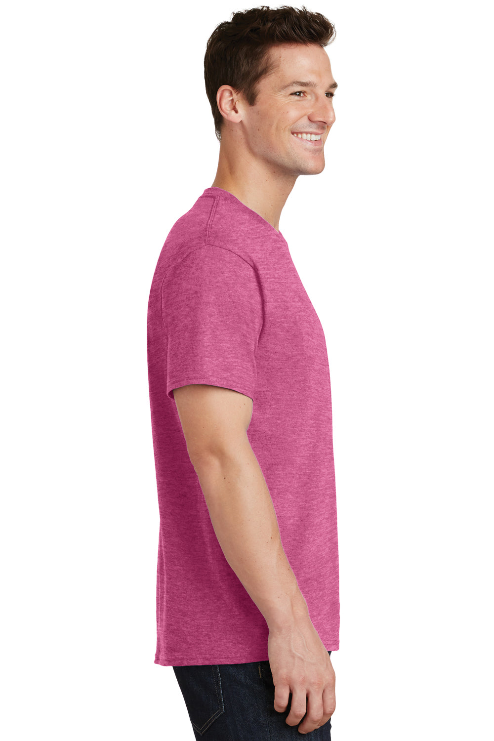 Port & Company PC54/PC54T Mens Core Short Sleeve Crewneck T-Shirt Heather Sangria Pink Model Side