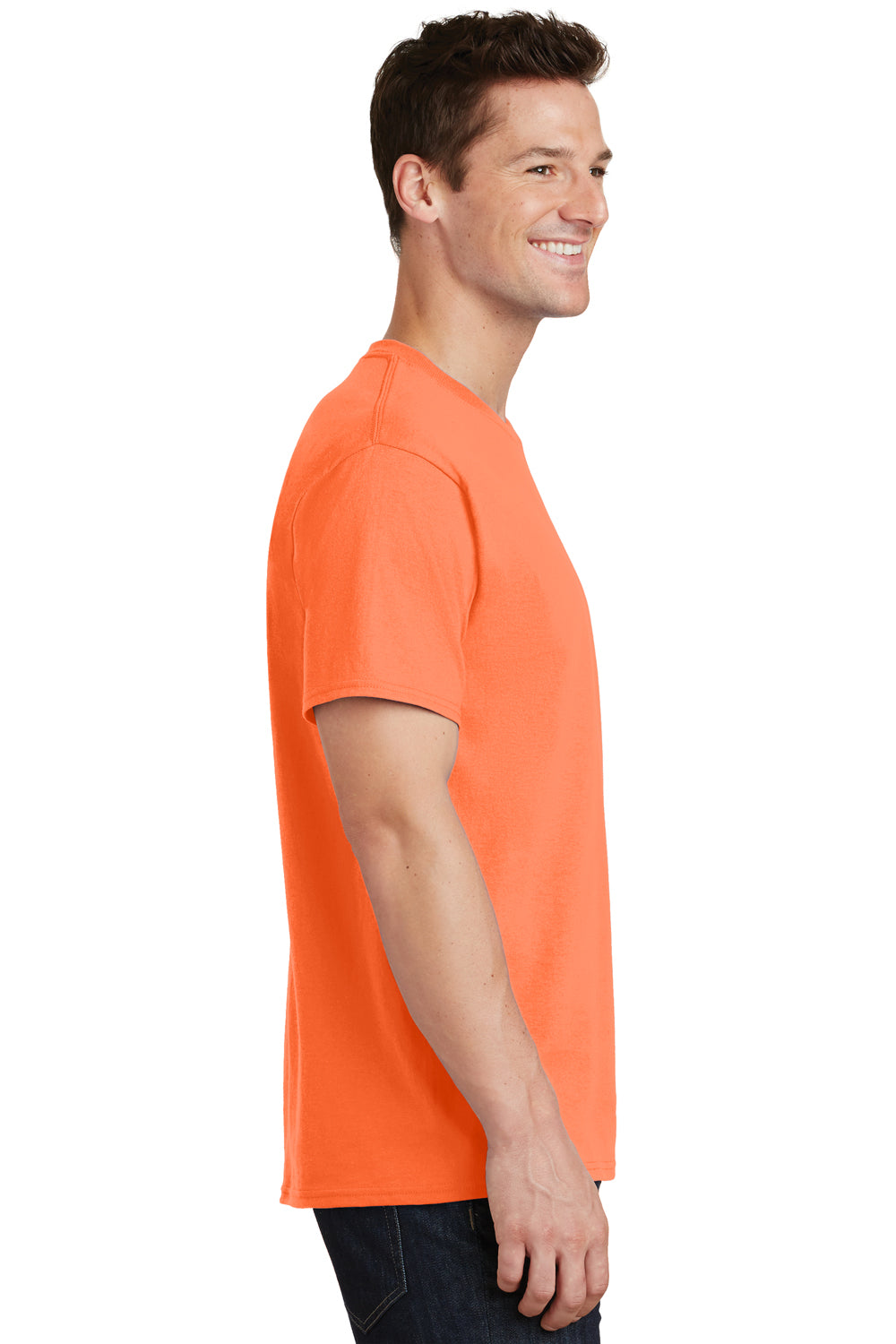 Port & Company PC54/PC54T Mens Core Short Sleeve Crewneck T-Shirt Neon Orange Model Side