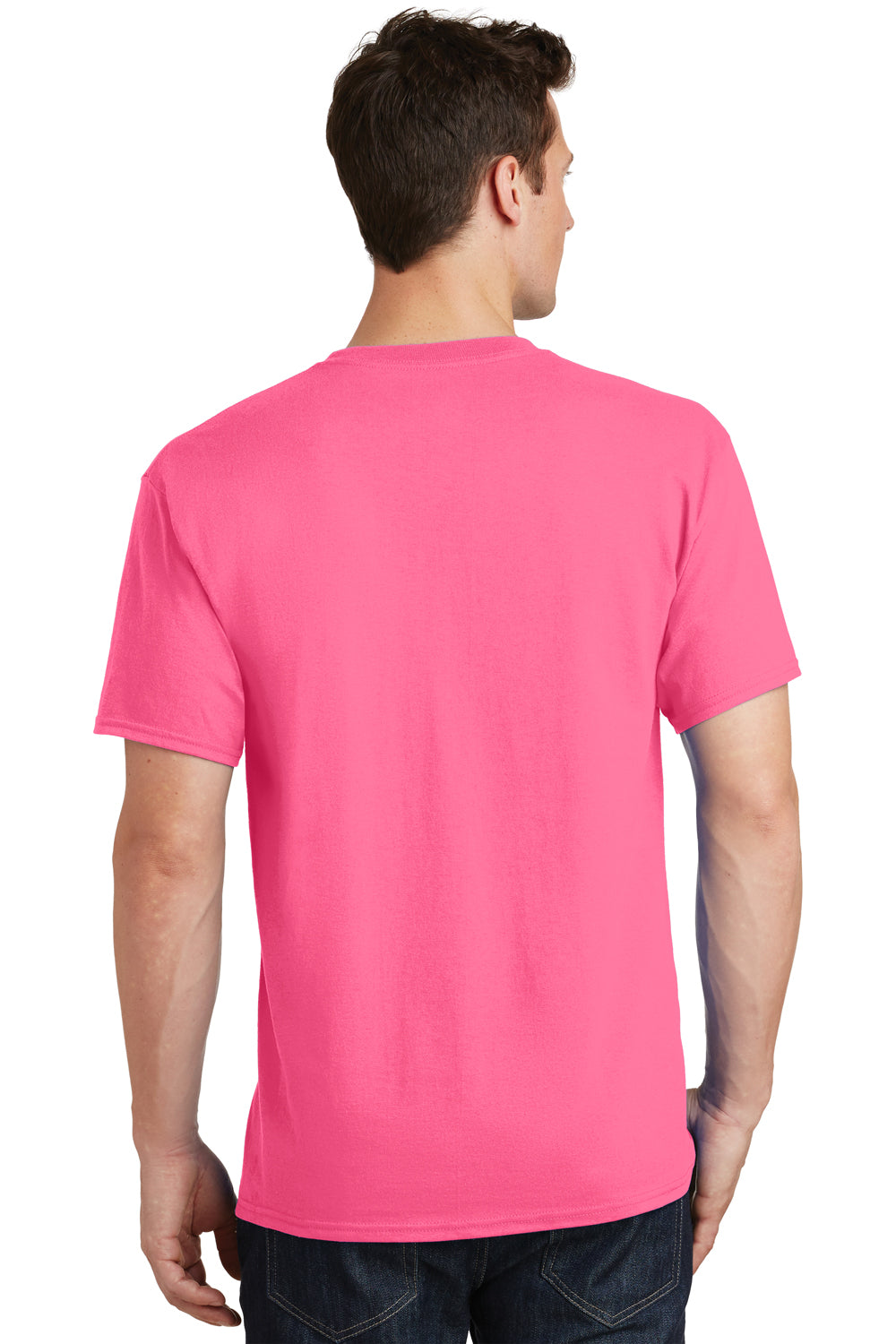 Port & Company PC54/PC54T Mens Core Short Sleeve Crewneck T-Shirt Neon Pink Model Back