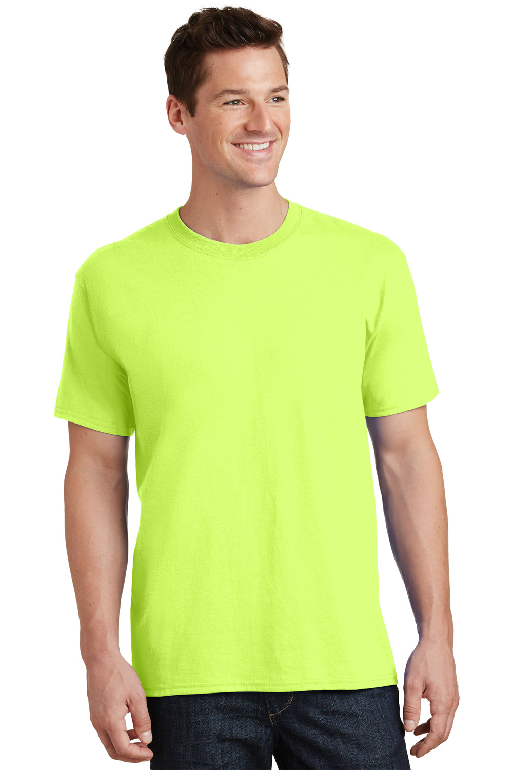 Port & Company PC54/PC54T Mens Core Short Sleeve Crewneck T-Shirt Neon Yellow Model Front