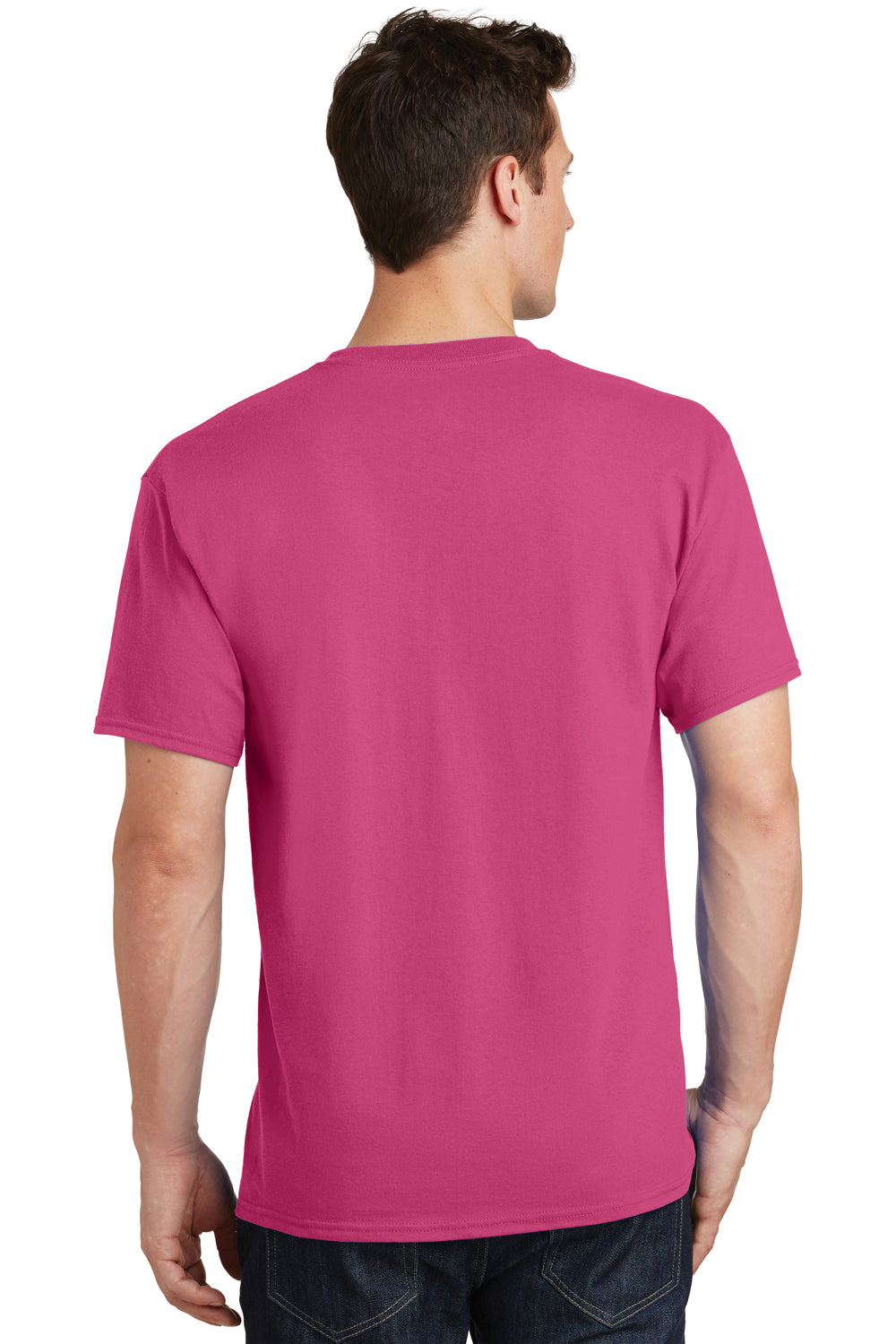 Port & Company PC54/PC54T Mens Core Short Sleeve Crewneck T-Shirt Sangria Pink Model Back