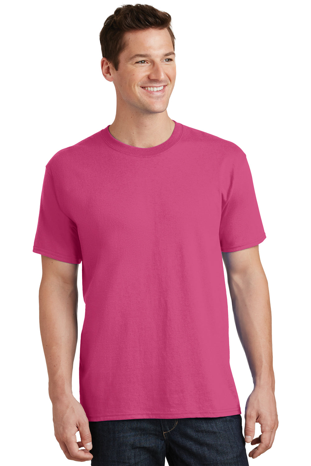 Port & Company PC54/PC54T Mens Core Short Sleeve Crewneck T-Shirt Sangria Pink Model Front