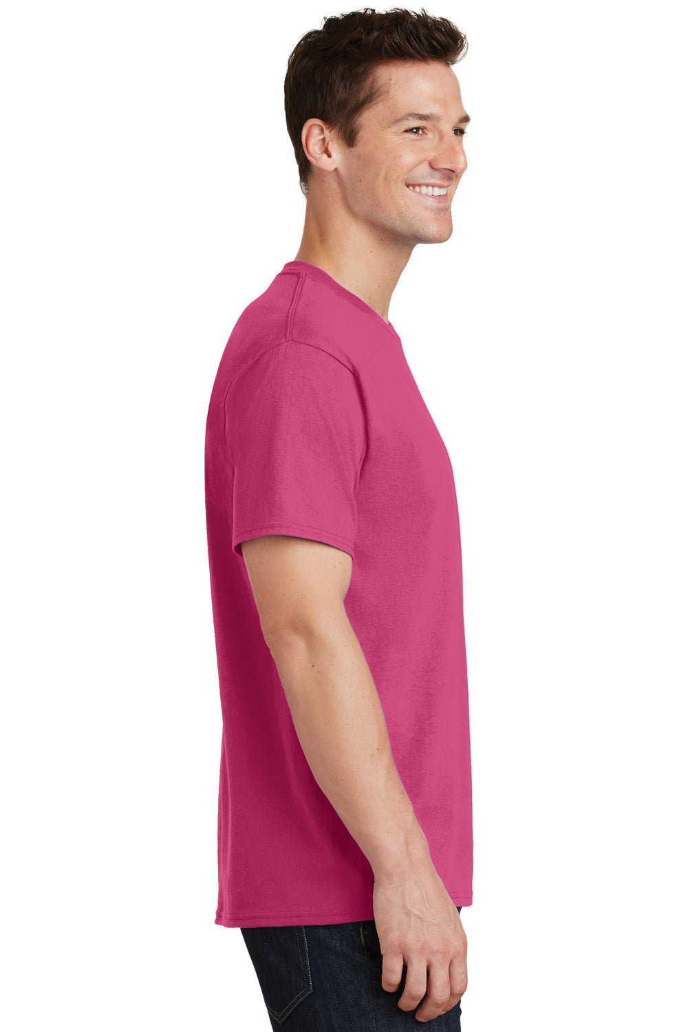 Port & Company PC54/PC54T Mens Core Short Sleeve Crewneck T-Shirt Sangria Pink Model Side