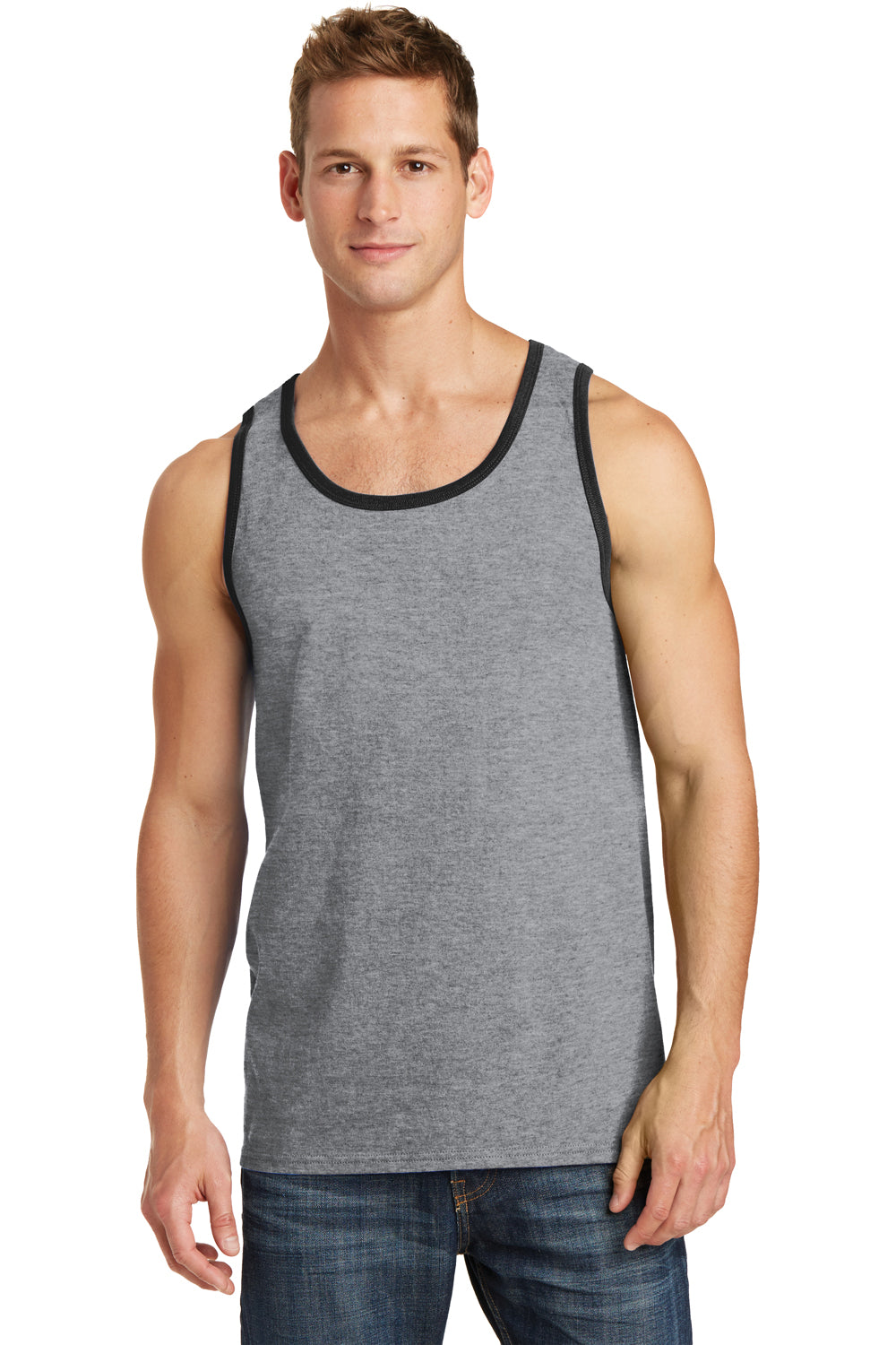 Port & Company PC54TT Mens Core Tank Top Heather Grey/Jet Black Model Front