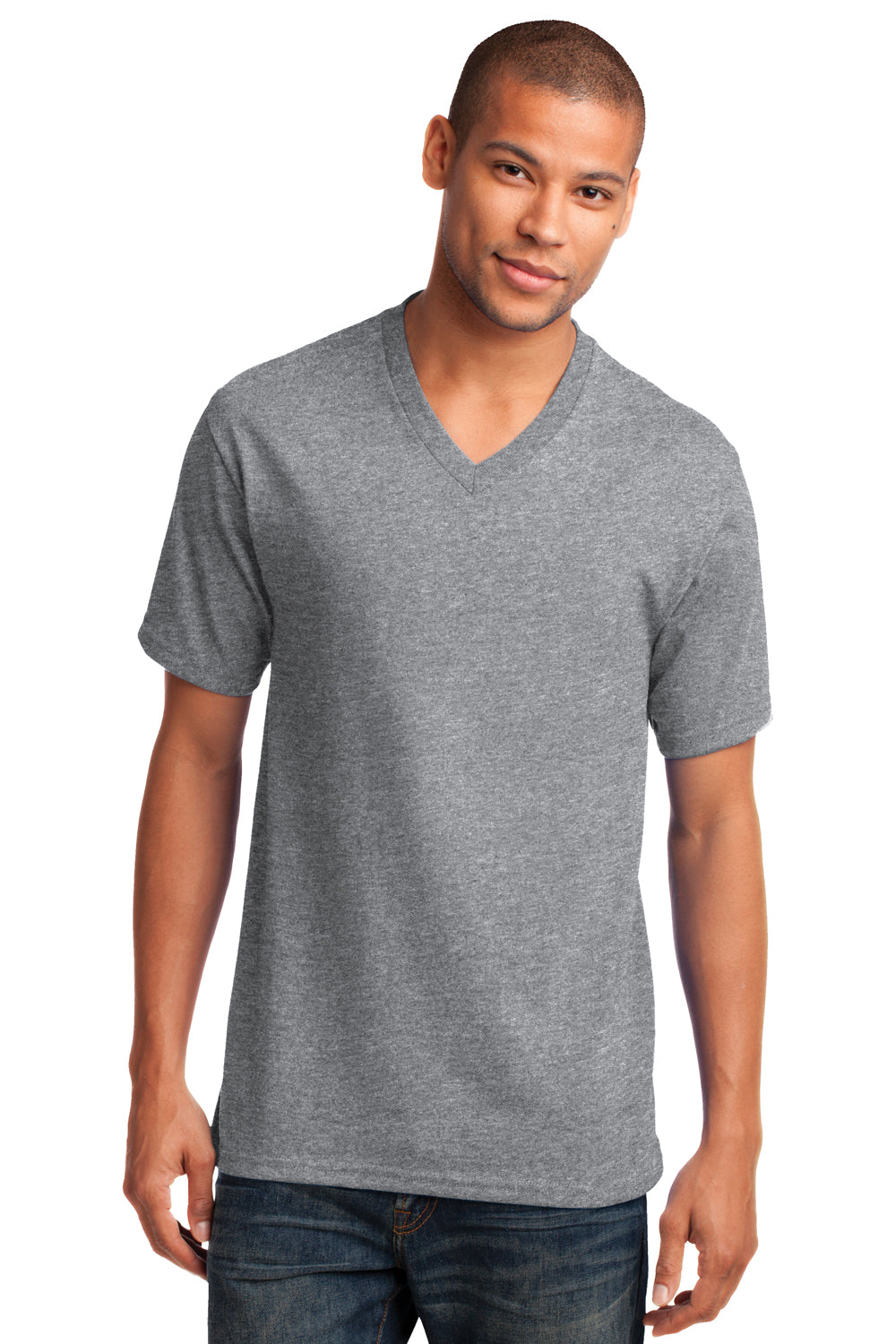 Port & Company PC54V Mens Core Short Sleeve V-Neck T-Shirt Heather Grey Model Front