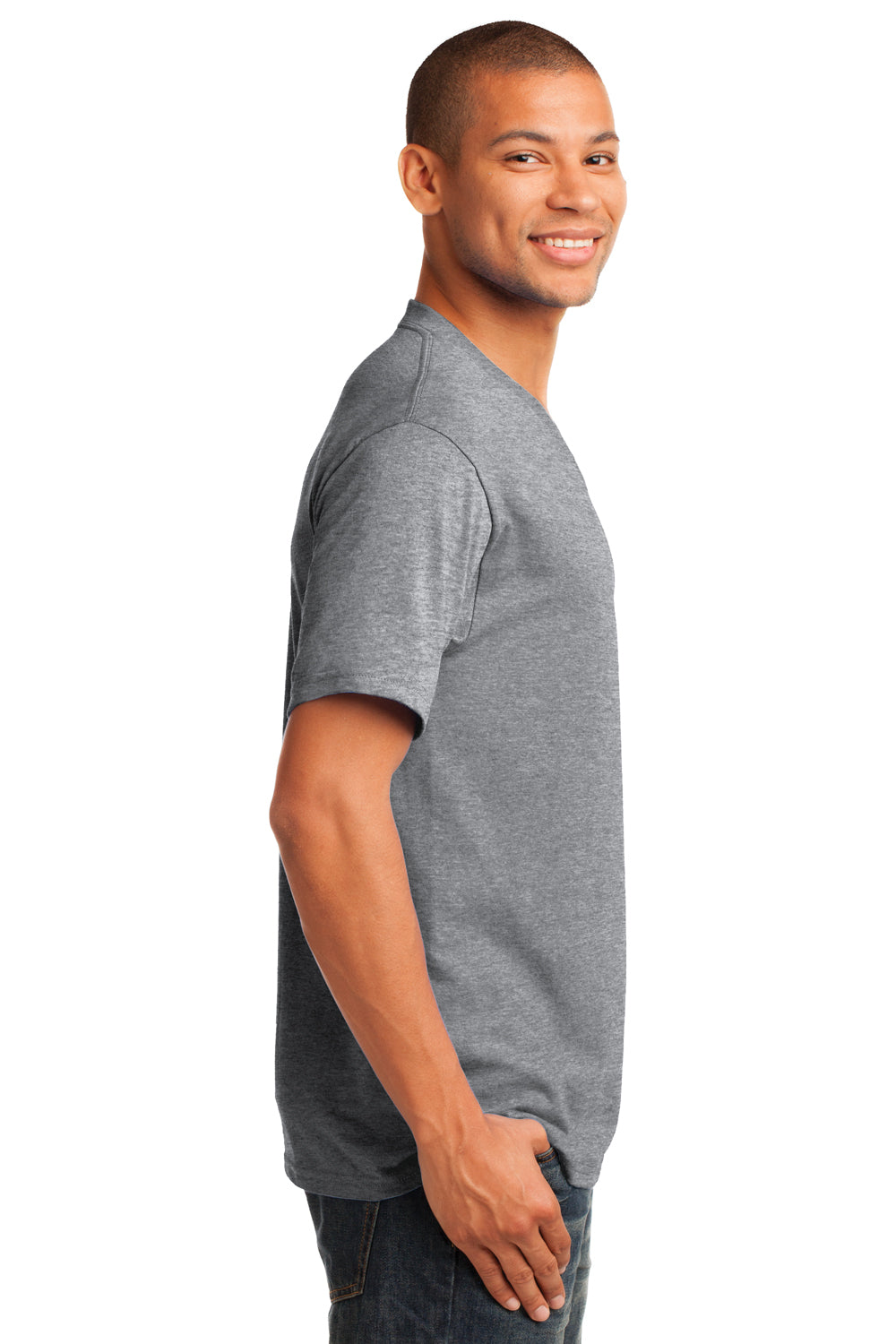 Port & Company PC54V Mens Core Short Sleeve V-Neck T-Shirt Heather Grey Model Side