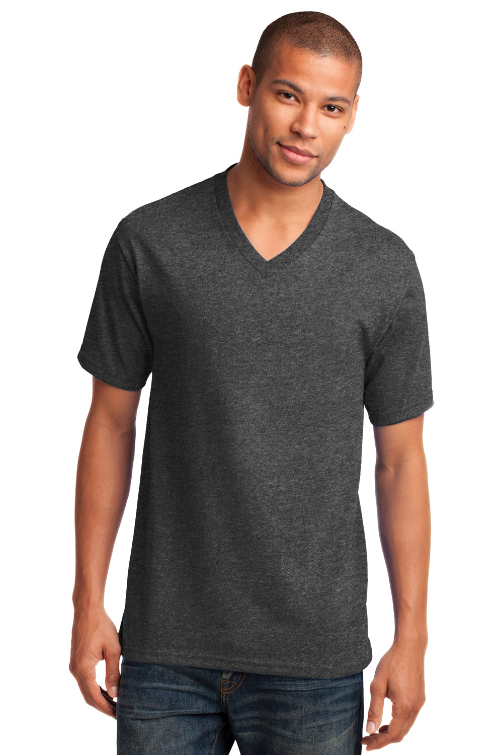 Port & Company PC54V Mens Core Short Sleeve V-Neck T-Shirt Heather Dark Grey Model Front