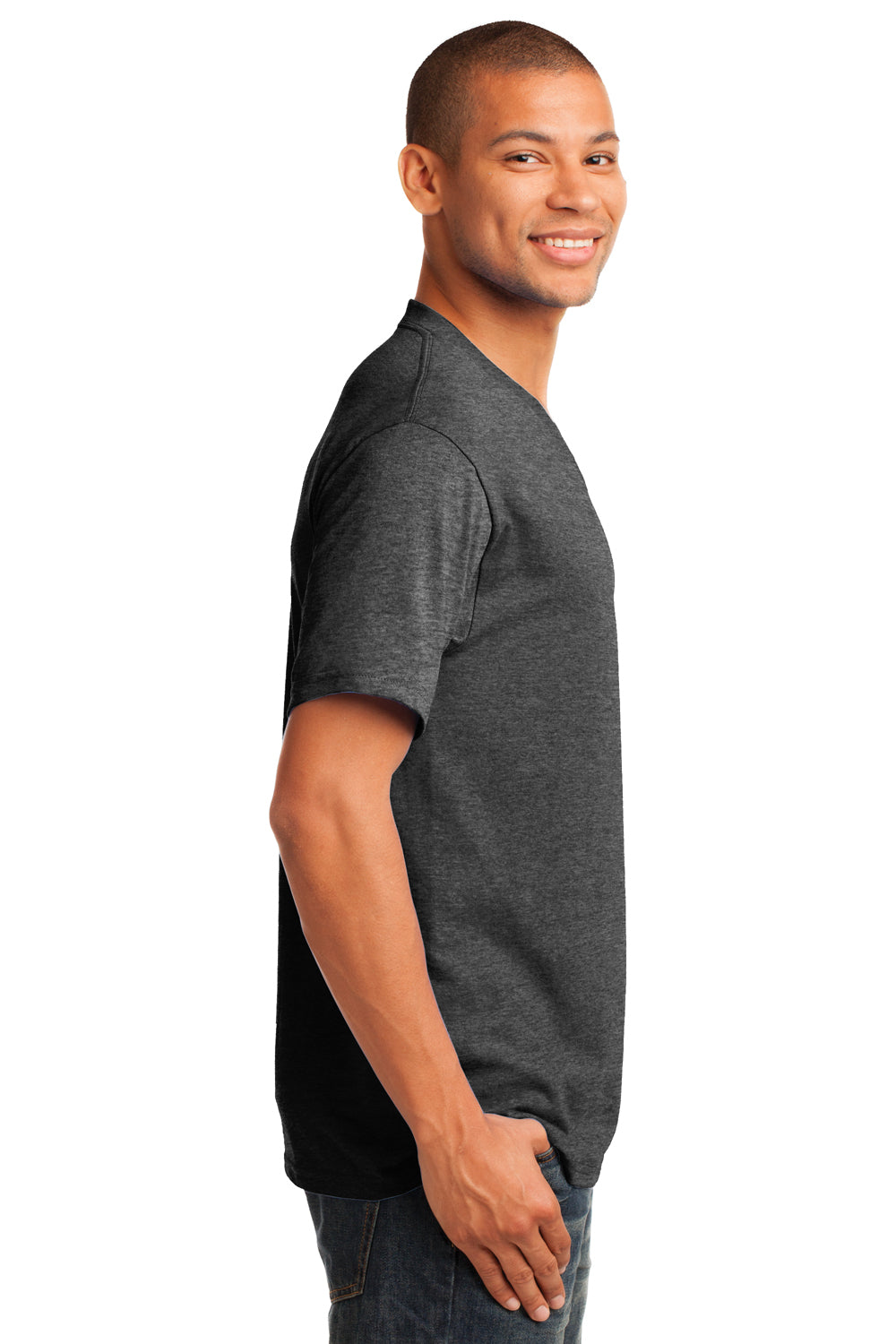 Port & Company PC54V Mens Core Short Sleeve V-Neck T-Shirt Heather Dark Grey Model Side