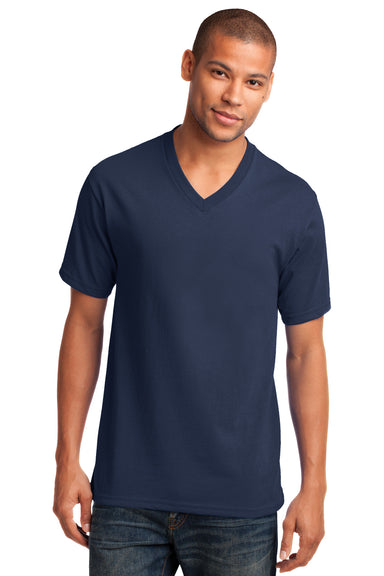 Port & Company PC54V Mens Core Short Sleeve V-Neck T-Shirt Navy Blue Model Front