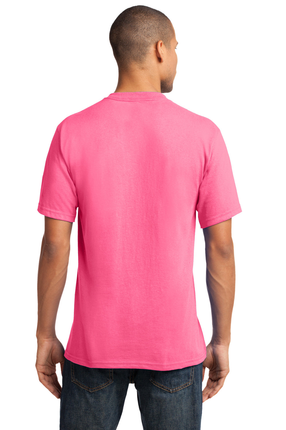 Port & Company PC54V Mens Core Short Sleeve V-Neck T-Shirt Neon Pink Model Back