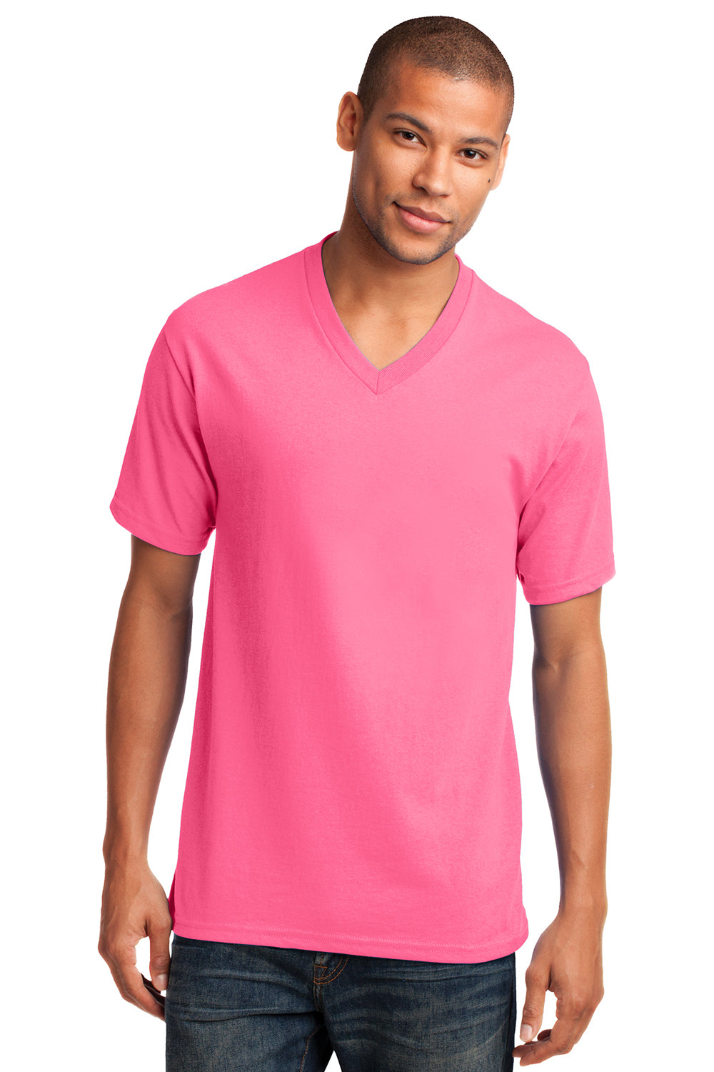 Port & Company PC54V Mens Core Short Sleeve V-Neck T-Shirt Neon Pink Model Front