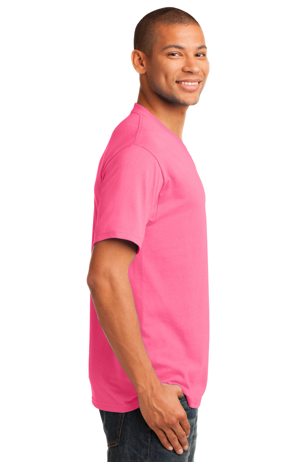 Port & Company PC54V Mens Core Short Sleeve V-Neck T-Shirt Neon Pink Model Side