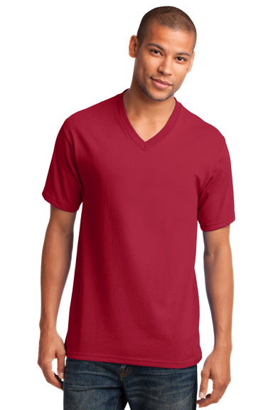 Port & Company PC54V Mens Core Short Sleeve V-Neck T-Shirt Red Model Front