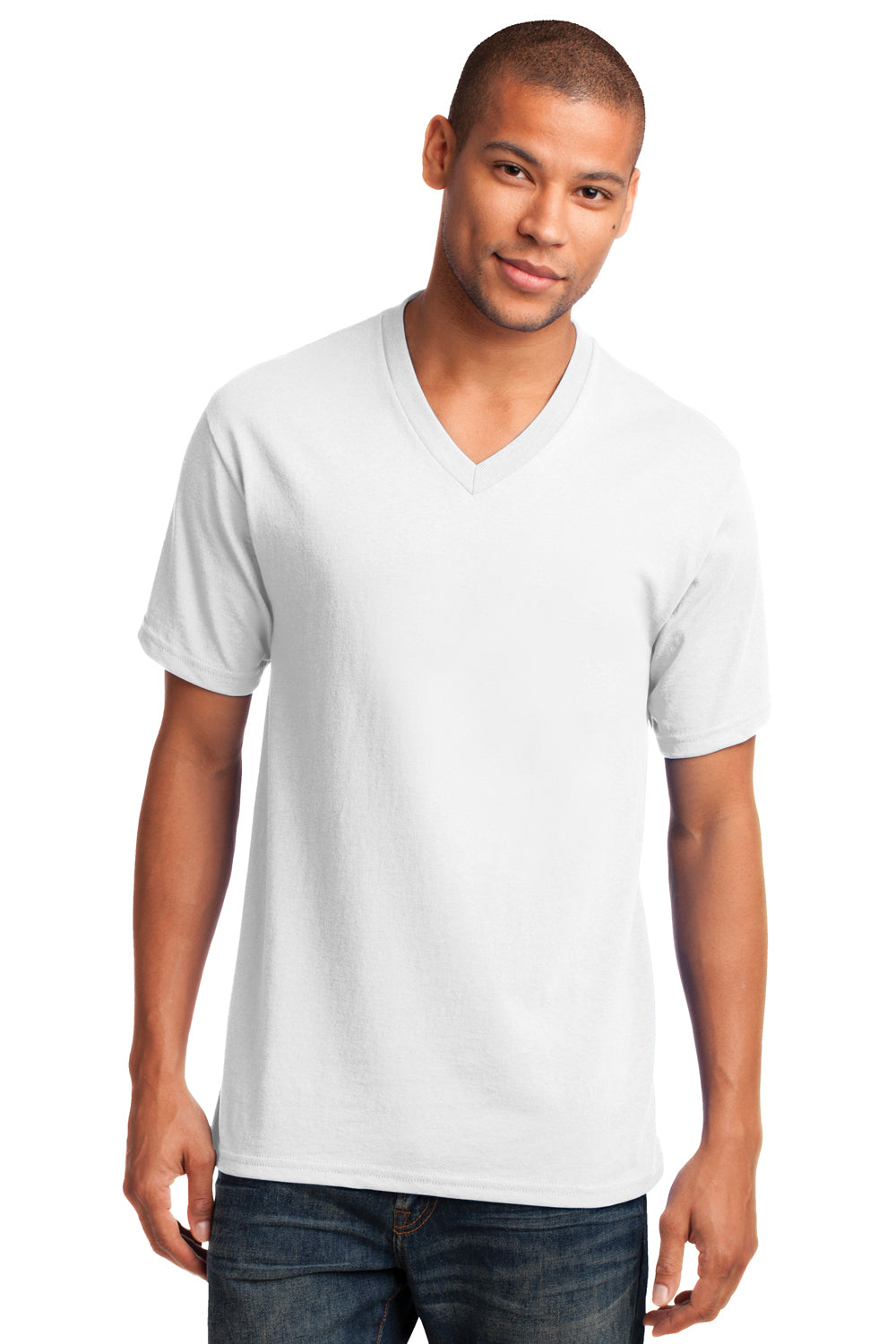 Port & Company PC54V Mens Core Short Sleeve V-Neck T-Shirt White Model Front