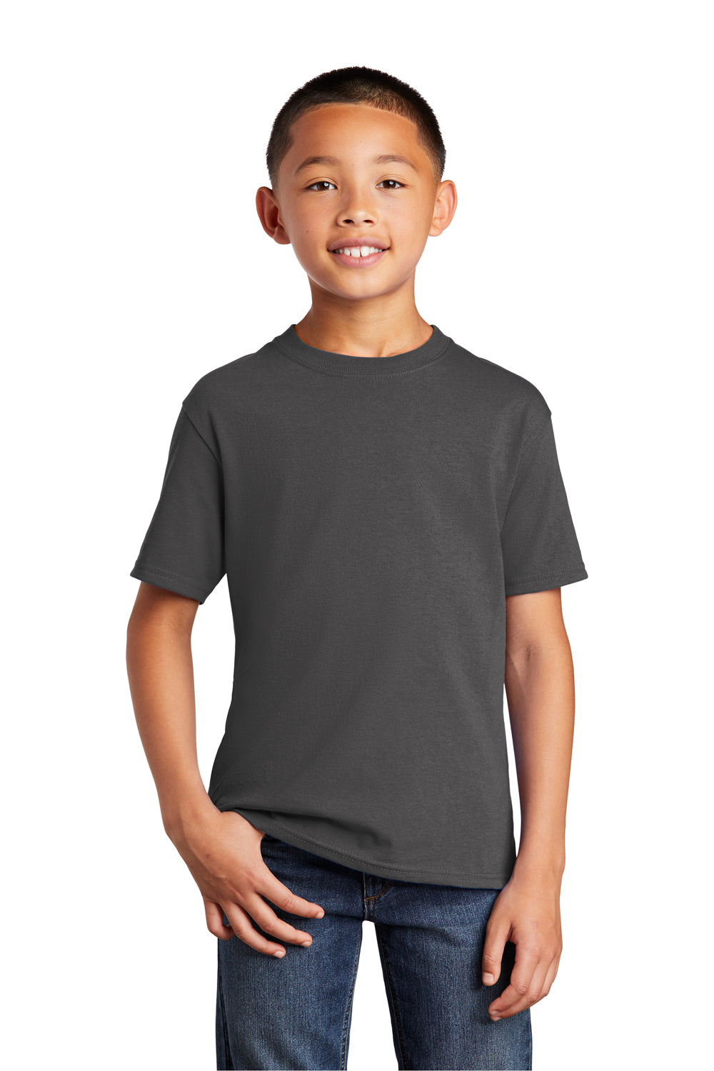 Port & Company PC54Y Youth Core Short Sleeve Crewneck T-Shirt Charcoal Grey Model Front