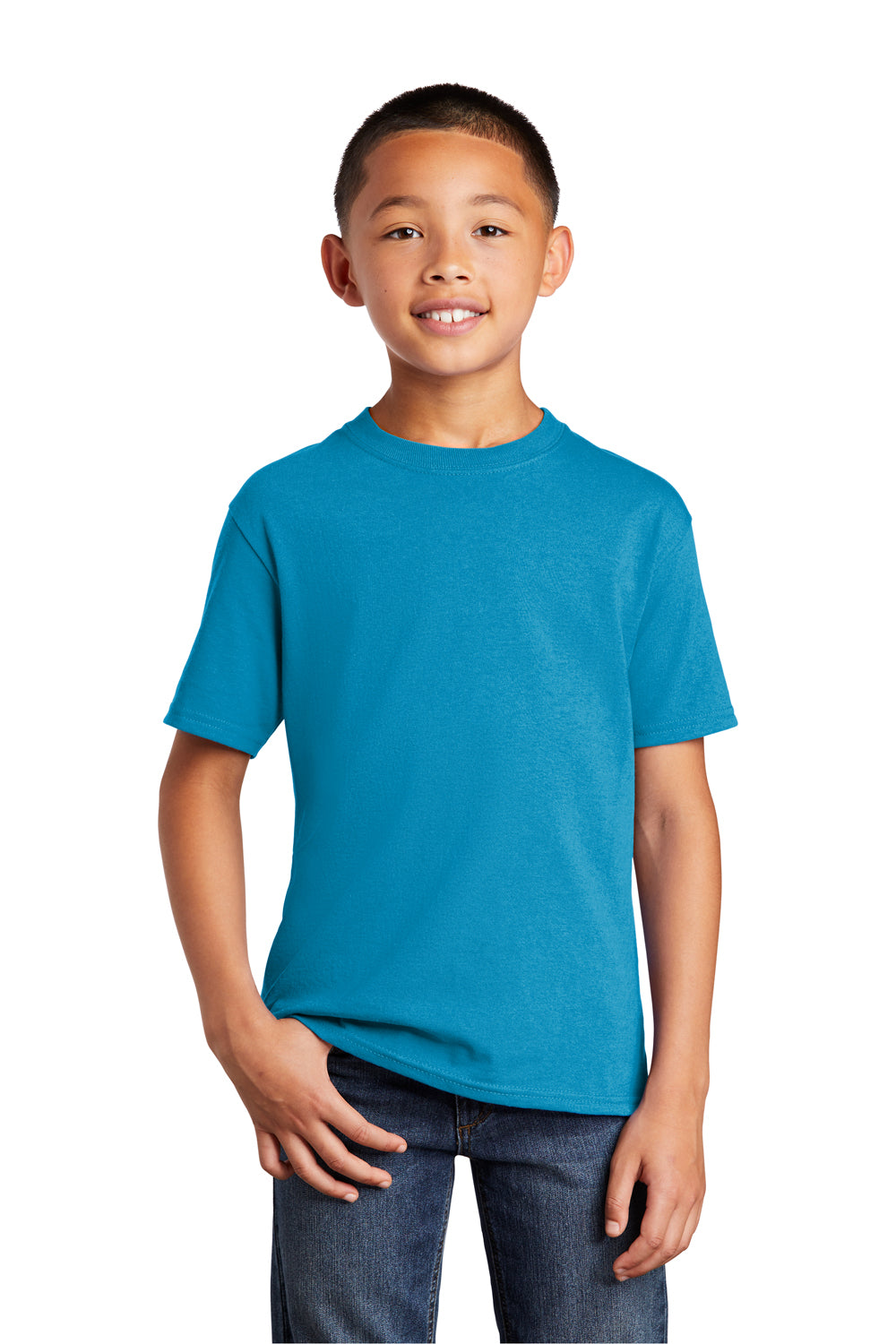 Port & Company PC54Y Youth Core Short Sleeve Crewneck T-Shirt Neon Blue Model Front