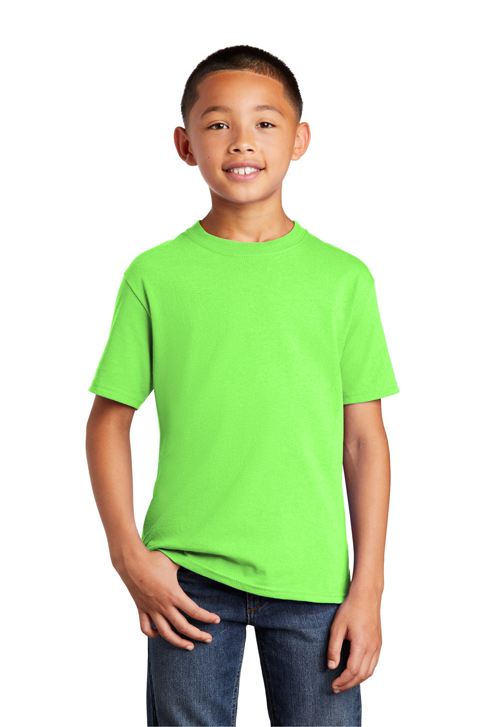 Port & Company PC54Y Youth Core Short Sleeve Crewneck T-Shirt Neon Green Model Front