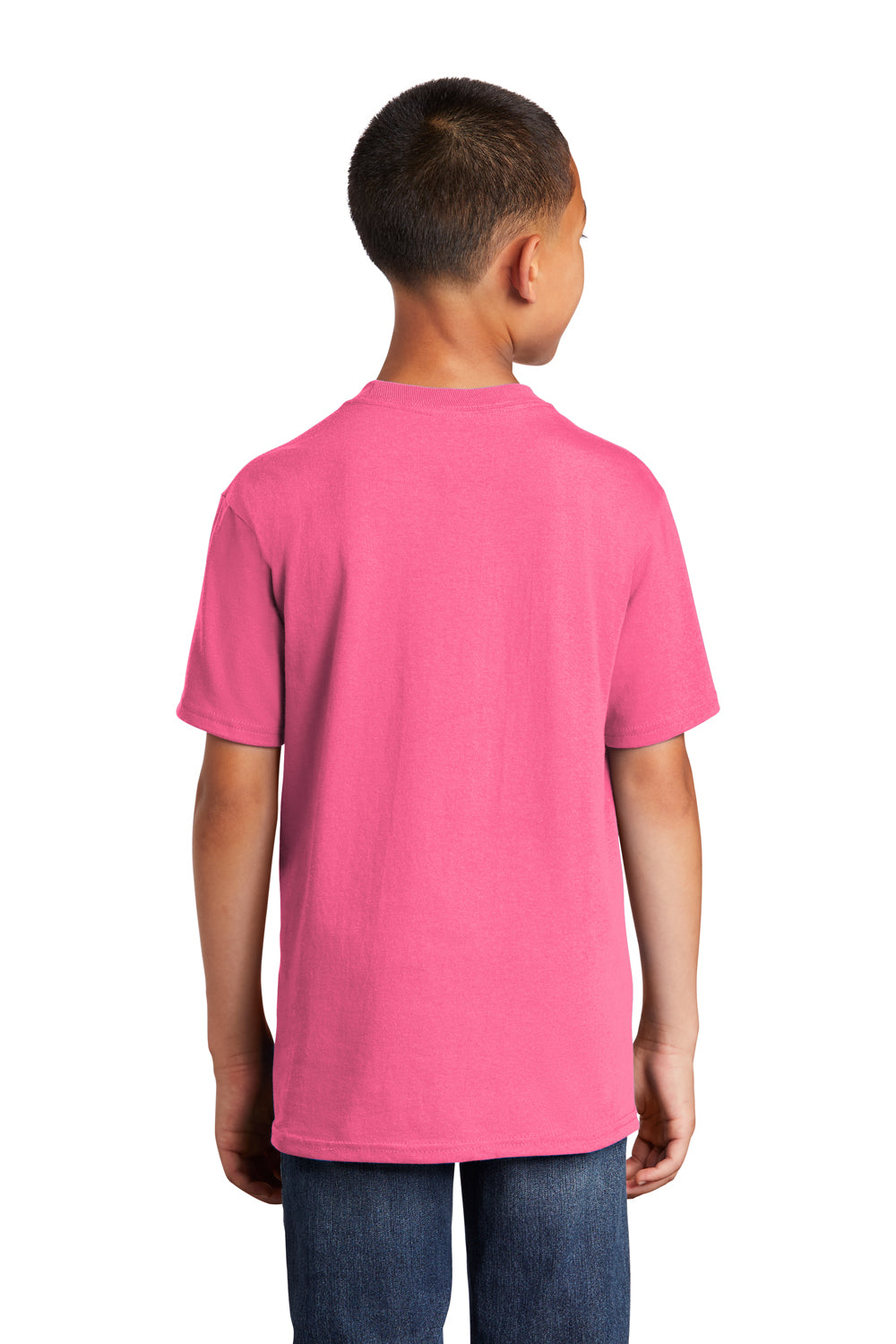 Port & Company PC54Y Youth Core Short Sleeve Crewneck T-Shirt Neon Pink Model Back