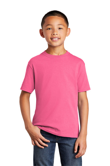 Port & Company PC54Y Youth Core Short Sleeve Crewneck T-Shirt Neon Pink Model Front