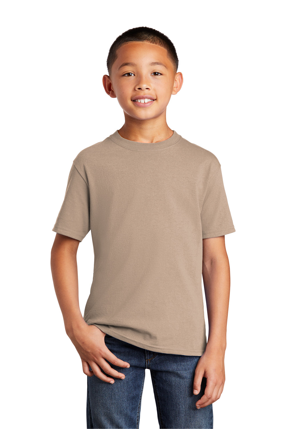 Port & Company PC54Y Youth Core Short Sleeve Crewneck T-Shirt Sand Model Front