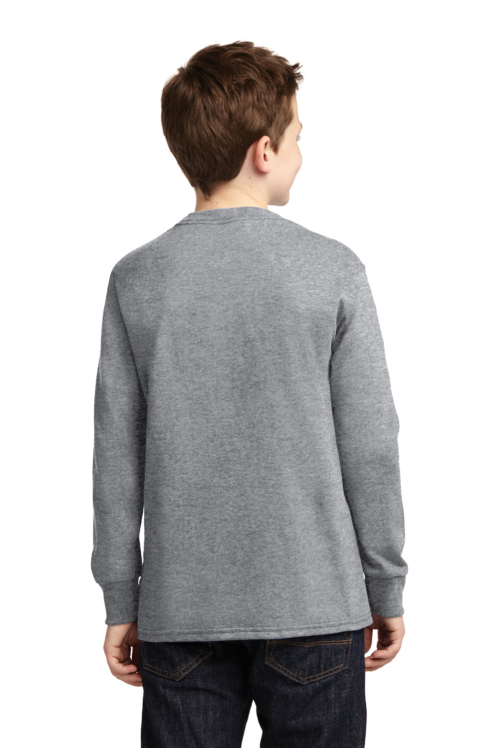 Port & Company PC54YLS Youth Core Long Sleeve Crewneck T-Shirt Heather Grey Model Back