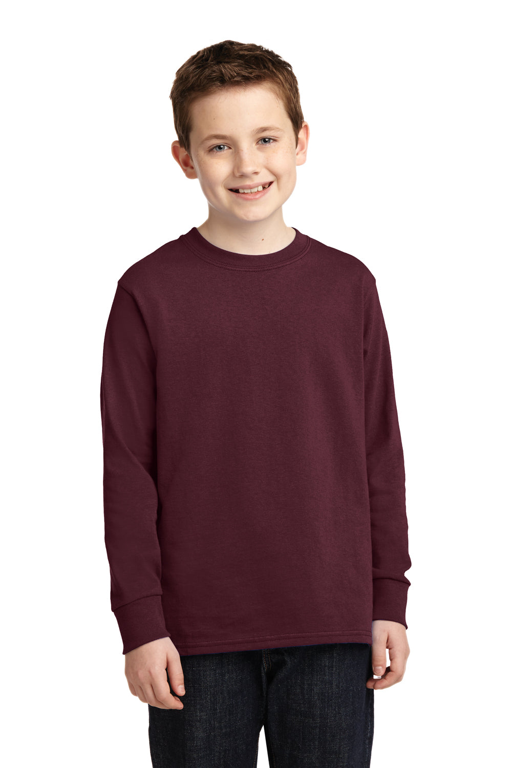 Port & Company PC54YLS Youth Core Long Sleeve Crewneck T-Shirt Athletic Maroon Model Front