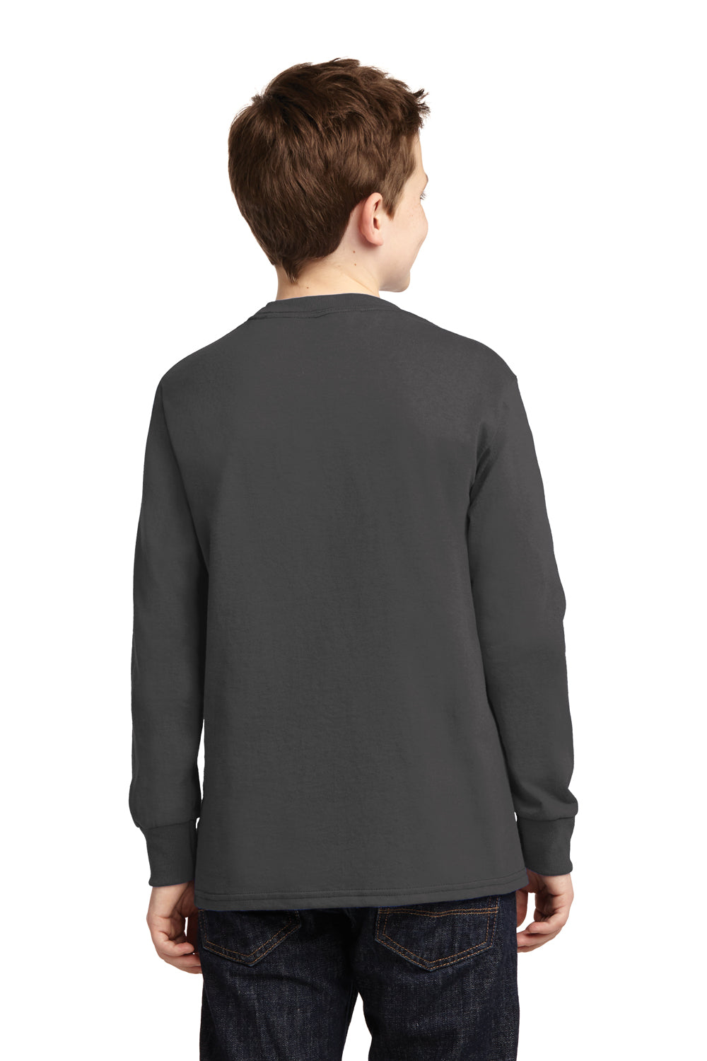 Port & Company PC54YLS Youth Core Long Sleeve Crewneck T-Shirt Charcoal Grey Model Back