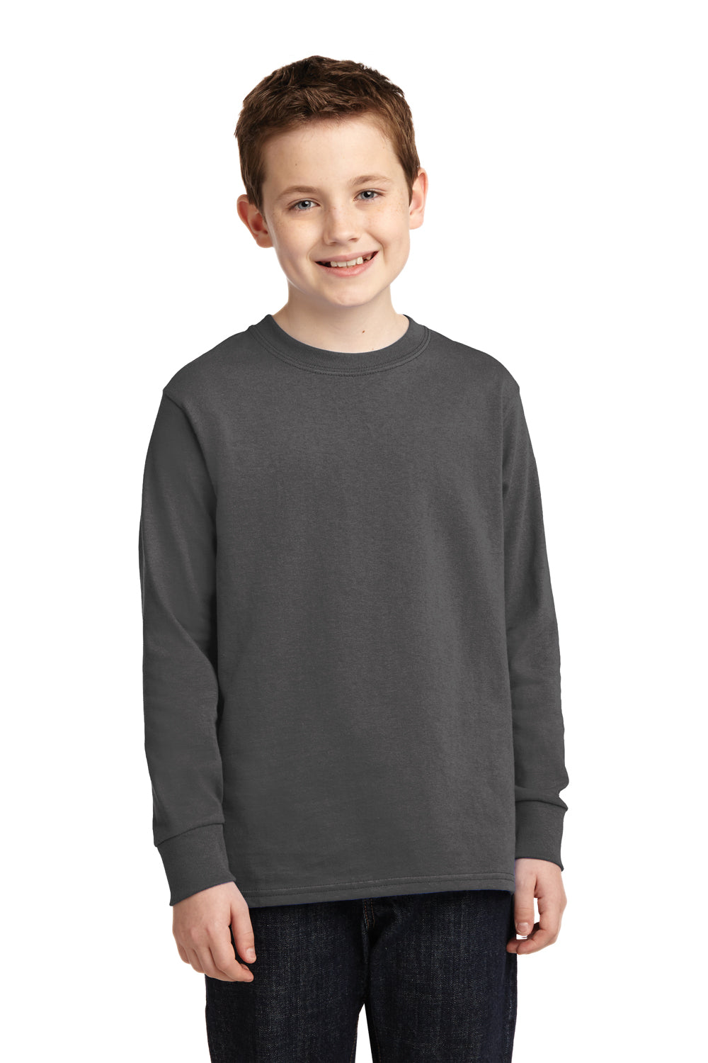 Port & Company PC54YLS Youth Core Long Sleeve Crewneck T-Shirt Charcoal Grey Model Front