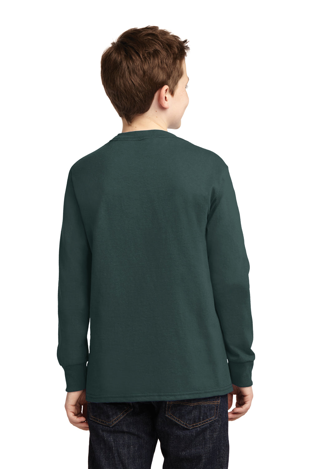 Port & Company PC54YLS Youth Core Long Sleeve Crewneck T-Shirt Dark Green Model Back