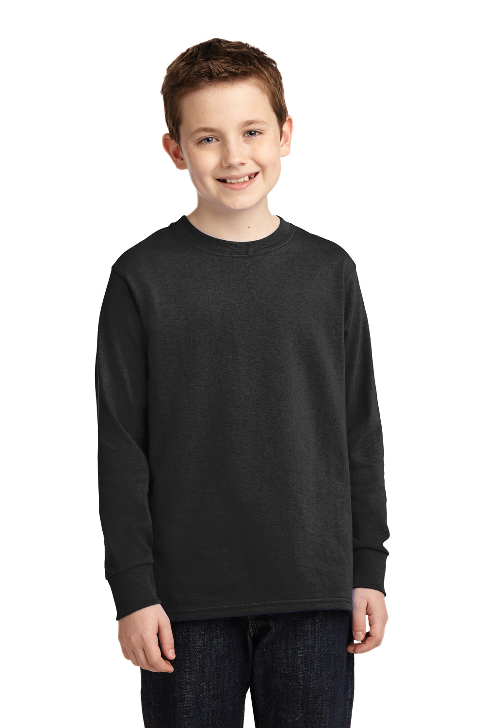 Port & Company PC54YLS Youth Core Long Sleeve Crewneck T-Shirt Jet Black Model Front