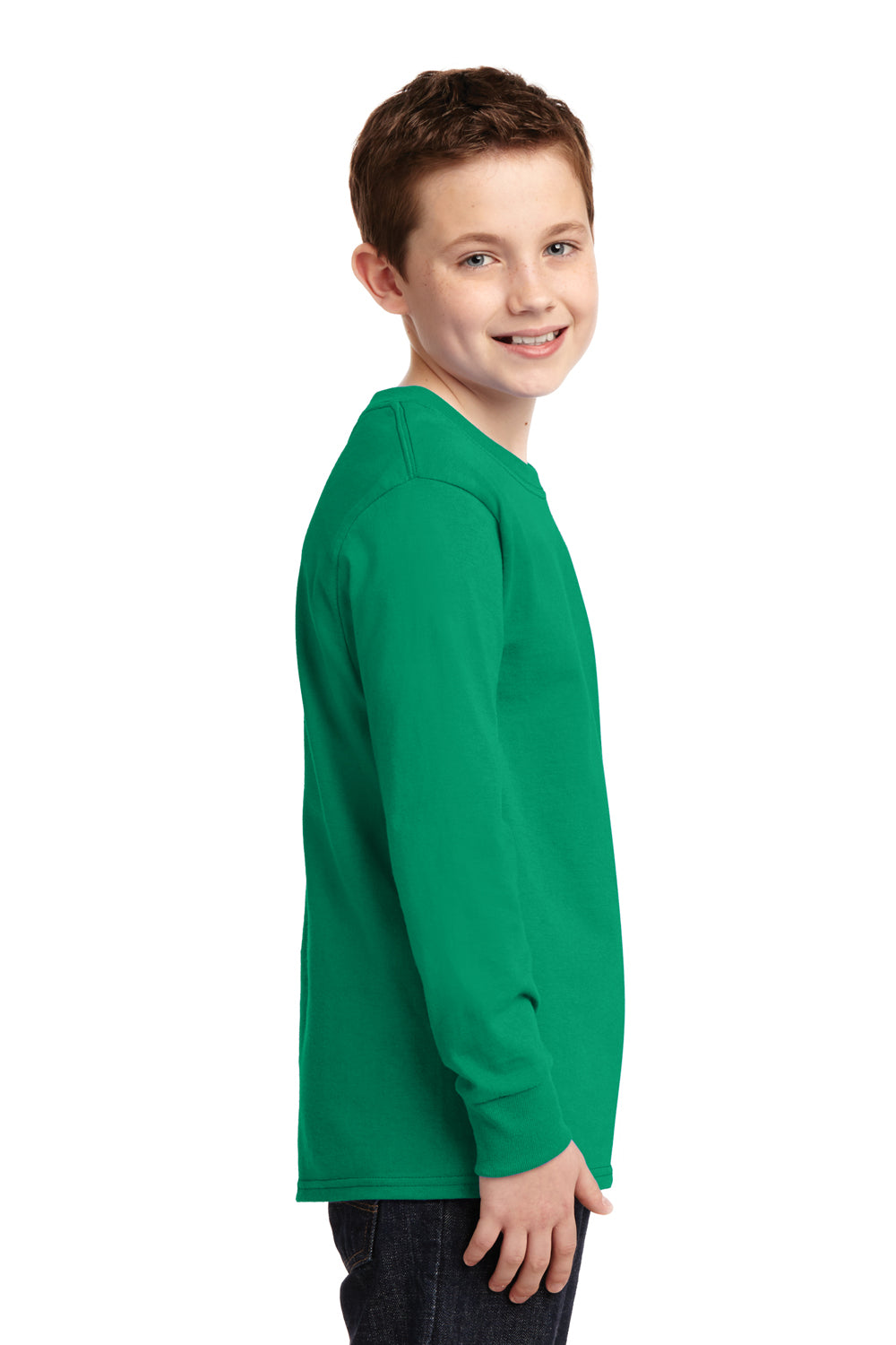 Port & Company PC54YLS Youth Core Long Sleeve Crewneck T-Shirt Kelly Green Model Side