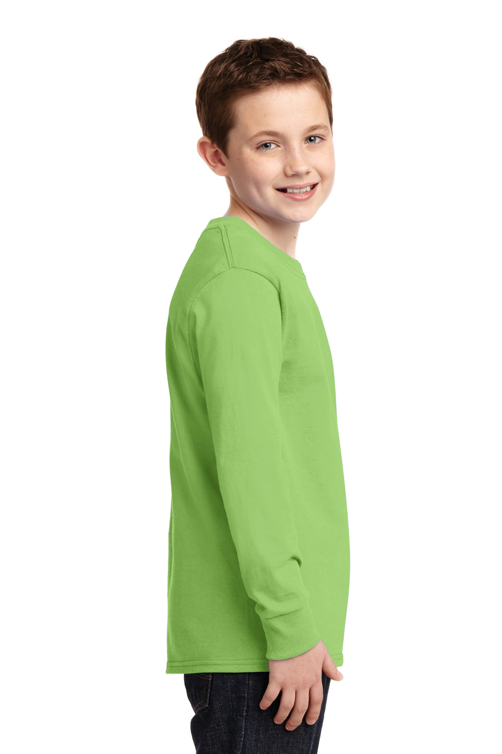 Port & Company PC54YLS Youth Core Long Sleeve Crewneck T-Shirt Lime Green Model Side