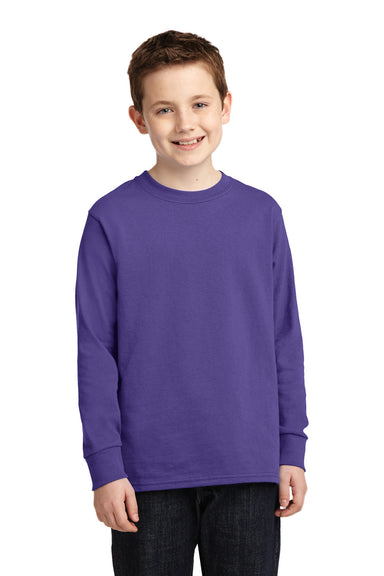 Port & Company PC54YLS Youth Core Long Sleeve Crewneck T-Shirt Purple Model Front